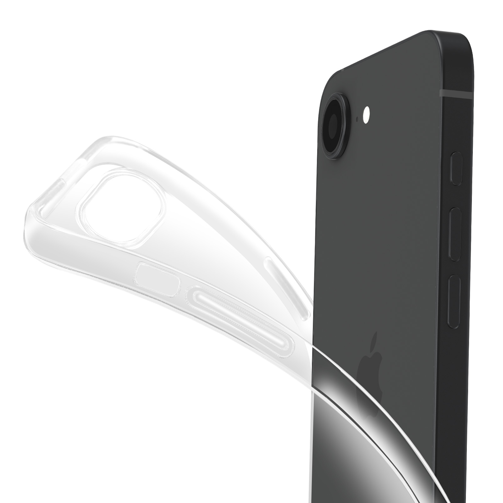 Een zwarte smartphone naast een doorzichtige telefoonhoes.