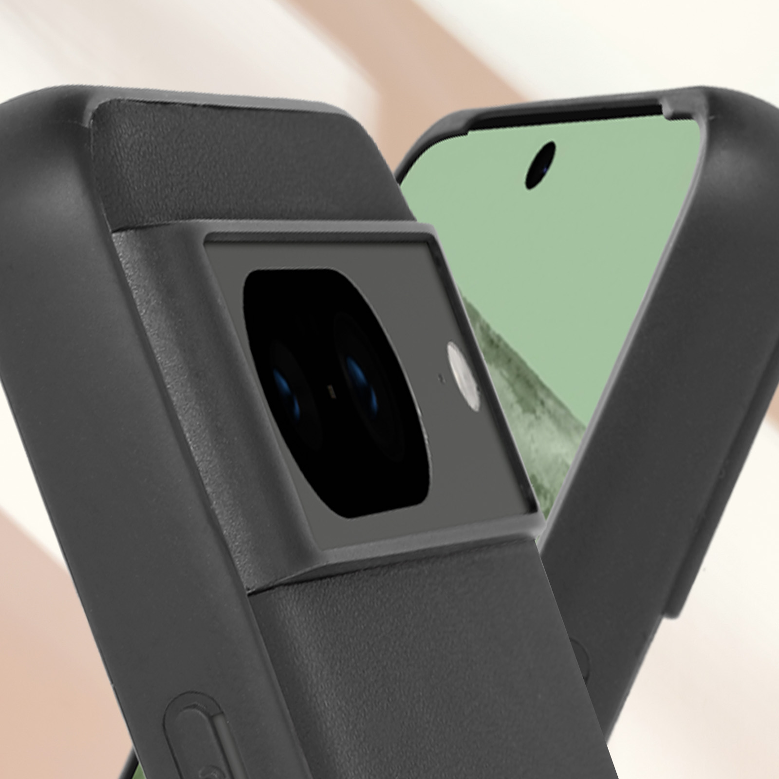 Primo piano di una custodia nera per telefono con modulo fotocamera e schermo verde.