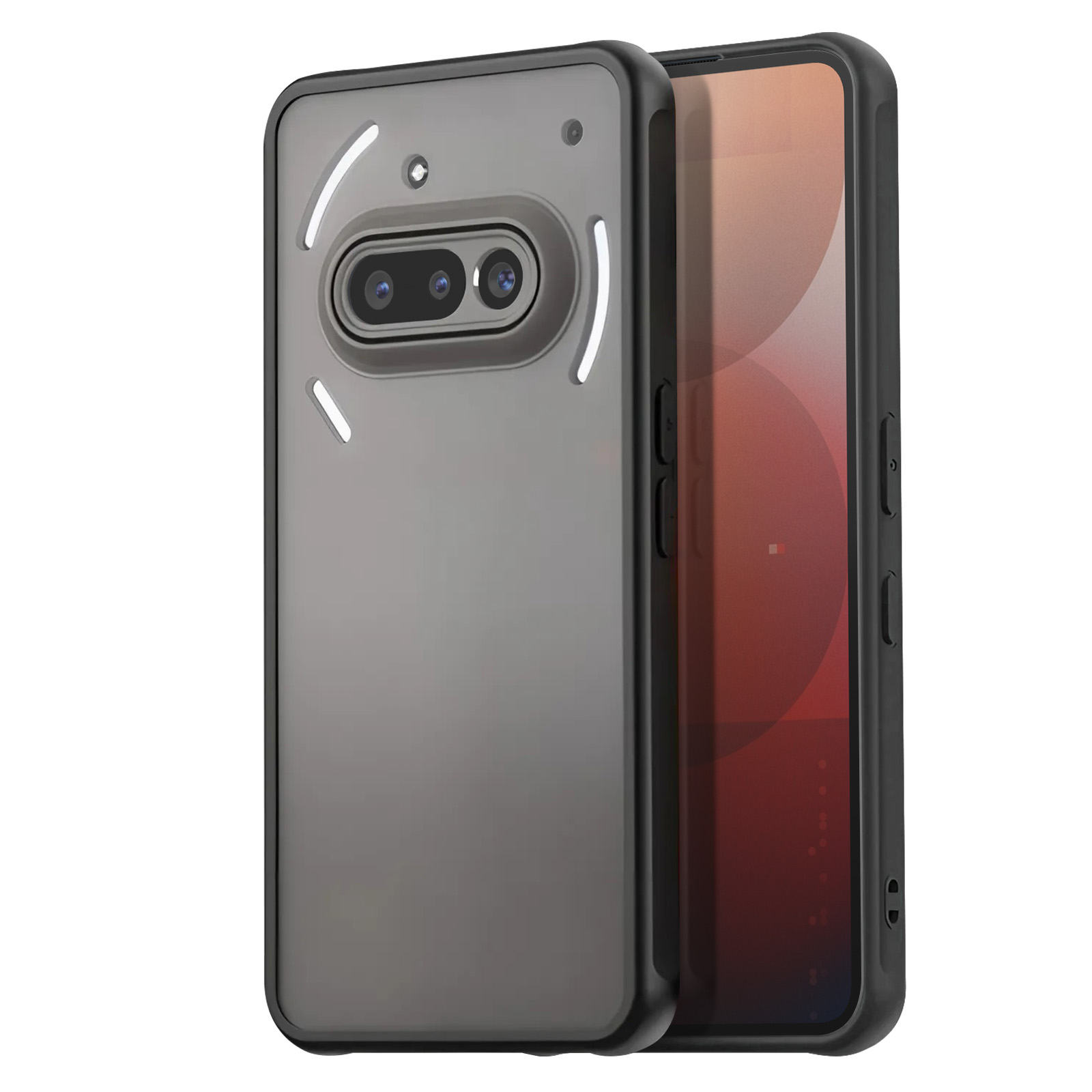 Coque de téléphone grise avec deux caméras et un cadre noir.