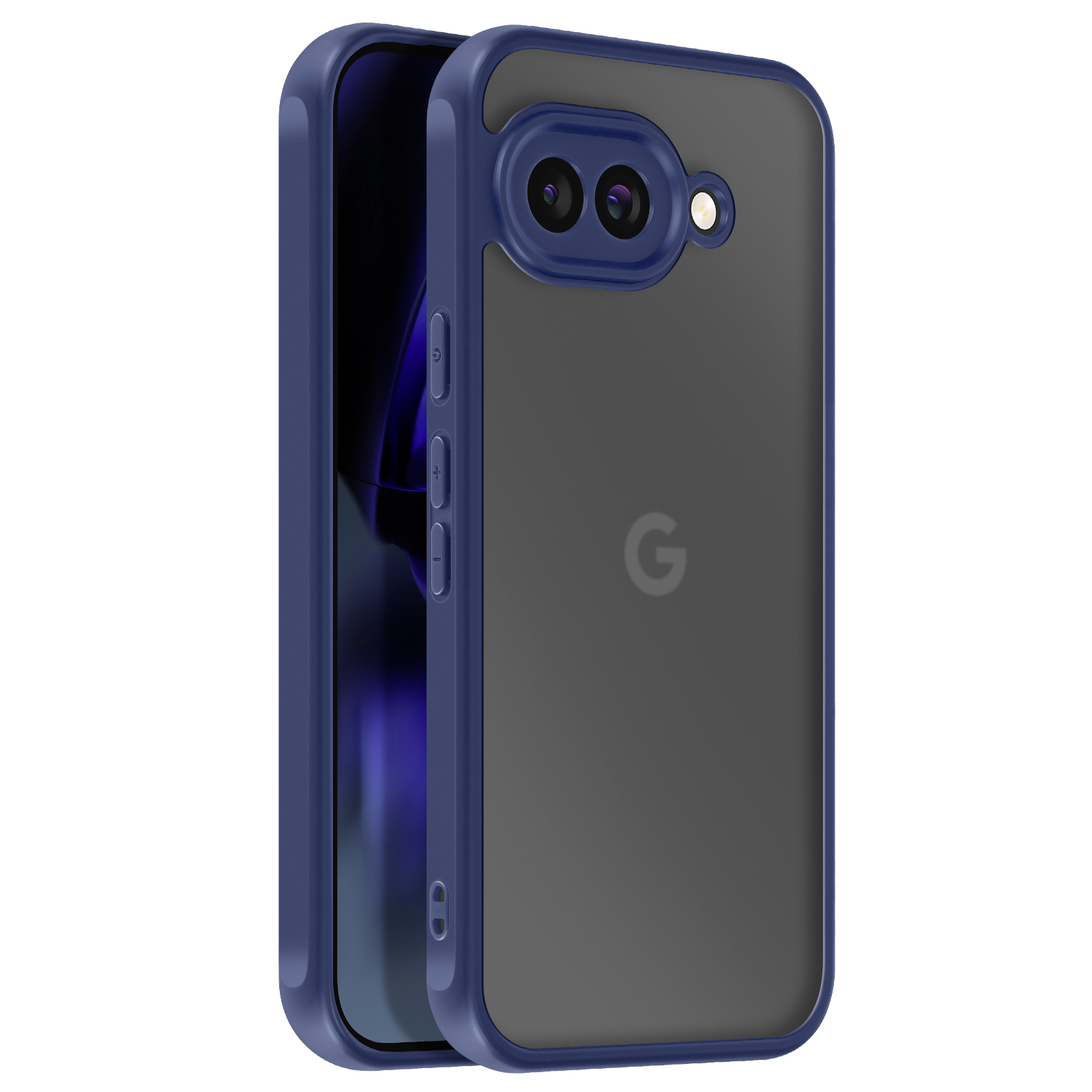 Een blauwe telefoonhoes met matte achterkant en camerahobbel. Het G-logo is zichtbaar.