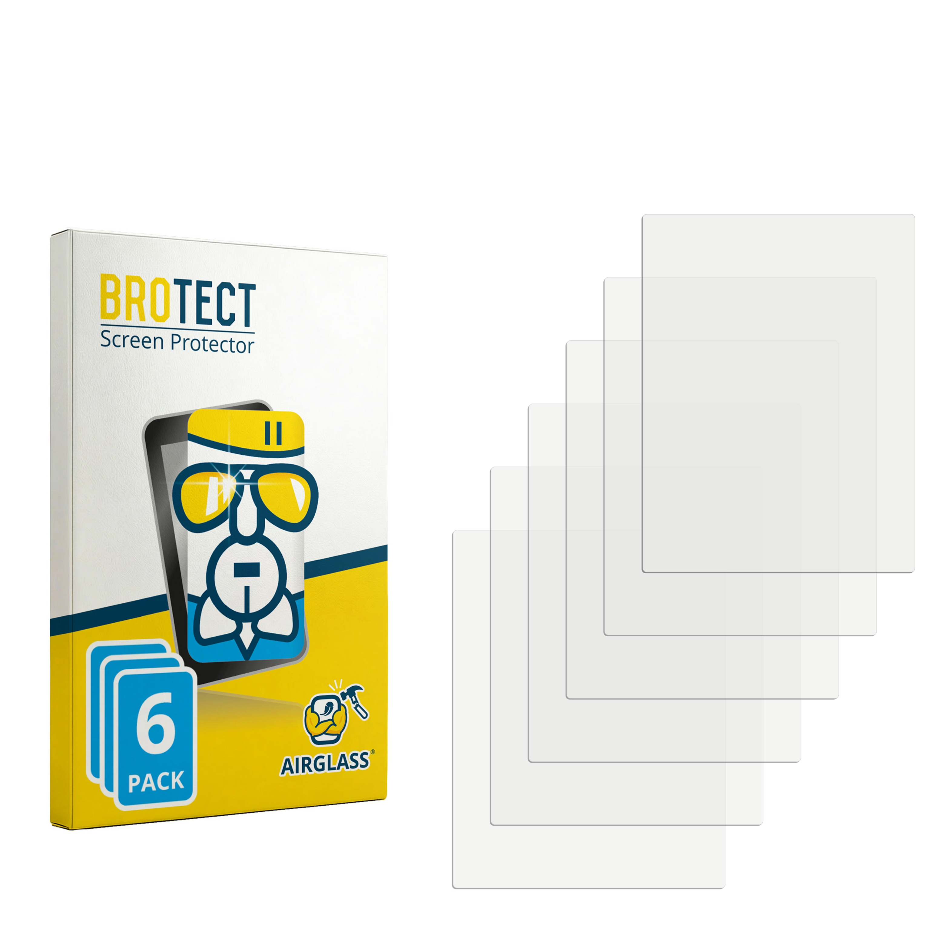 BROTECT Displayschutzfolie 6er Pack Box und vier klare Schutzfolien auf weißem Hintergrund.