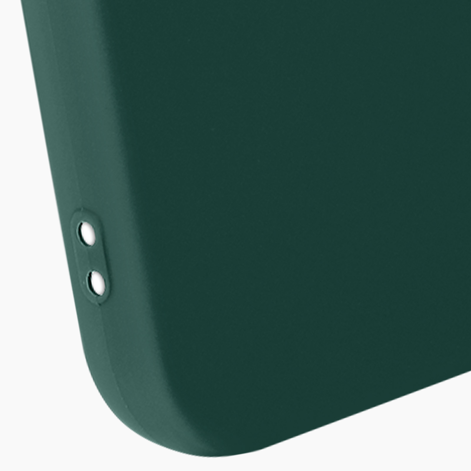 Custodia verde scuro con due piccoli fori rotondi in alto a sinistra.