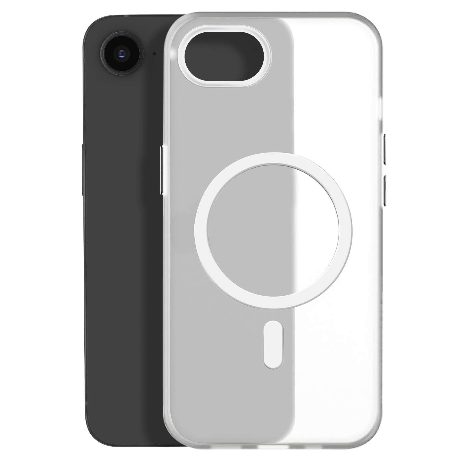 Un smartphone noir repose à côté d'une coque transparente avec anneau magnétique.