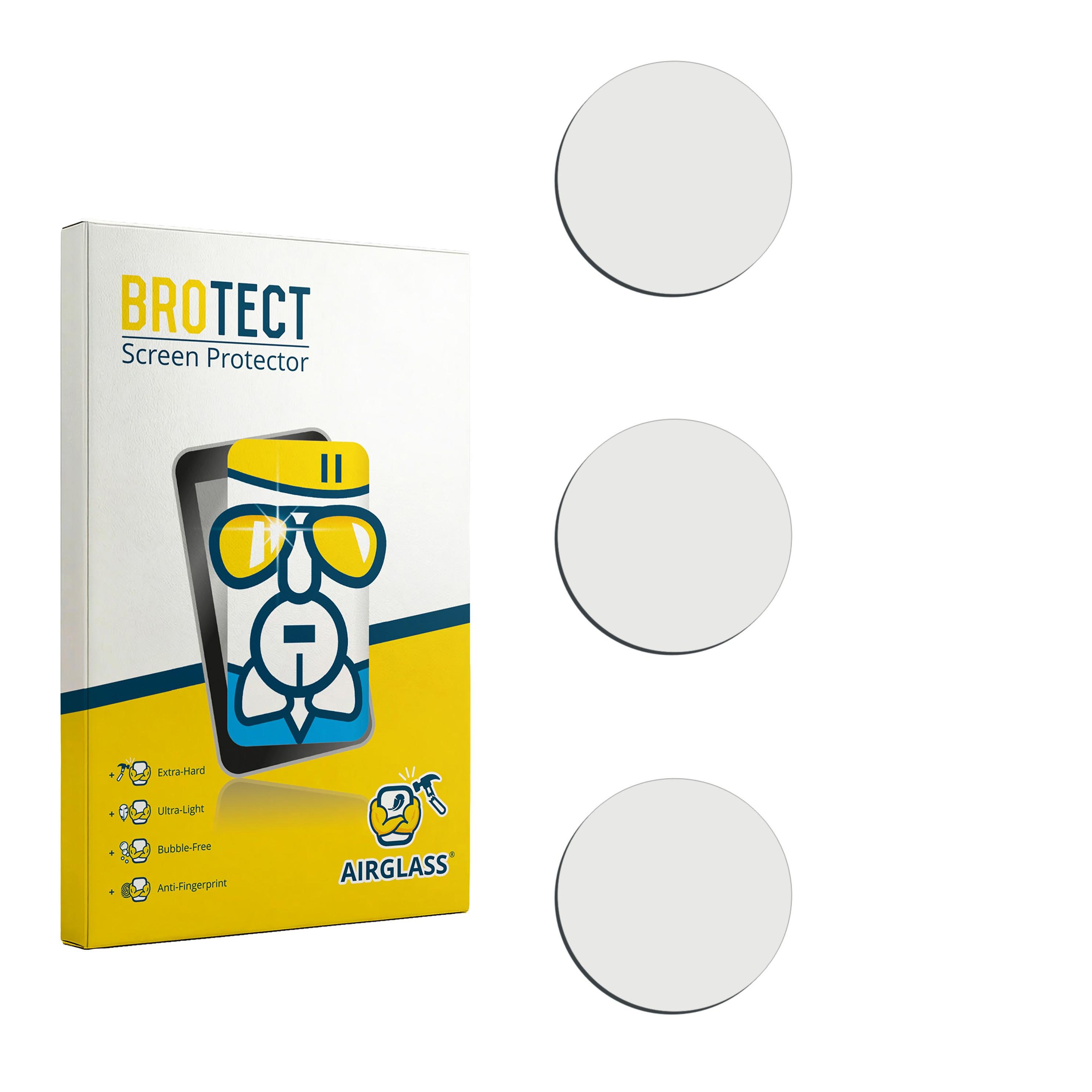 BROTECT Displayschutzfolie-Verpackung mit 3 runden Displayschutzfolien auf weißem Hintergrund.