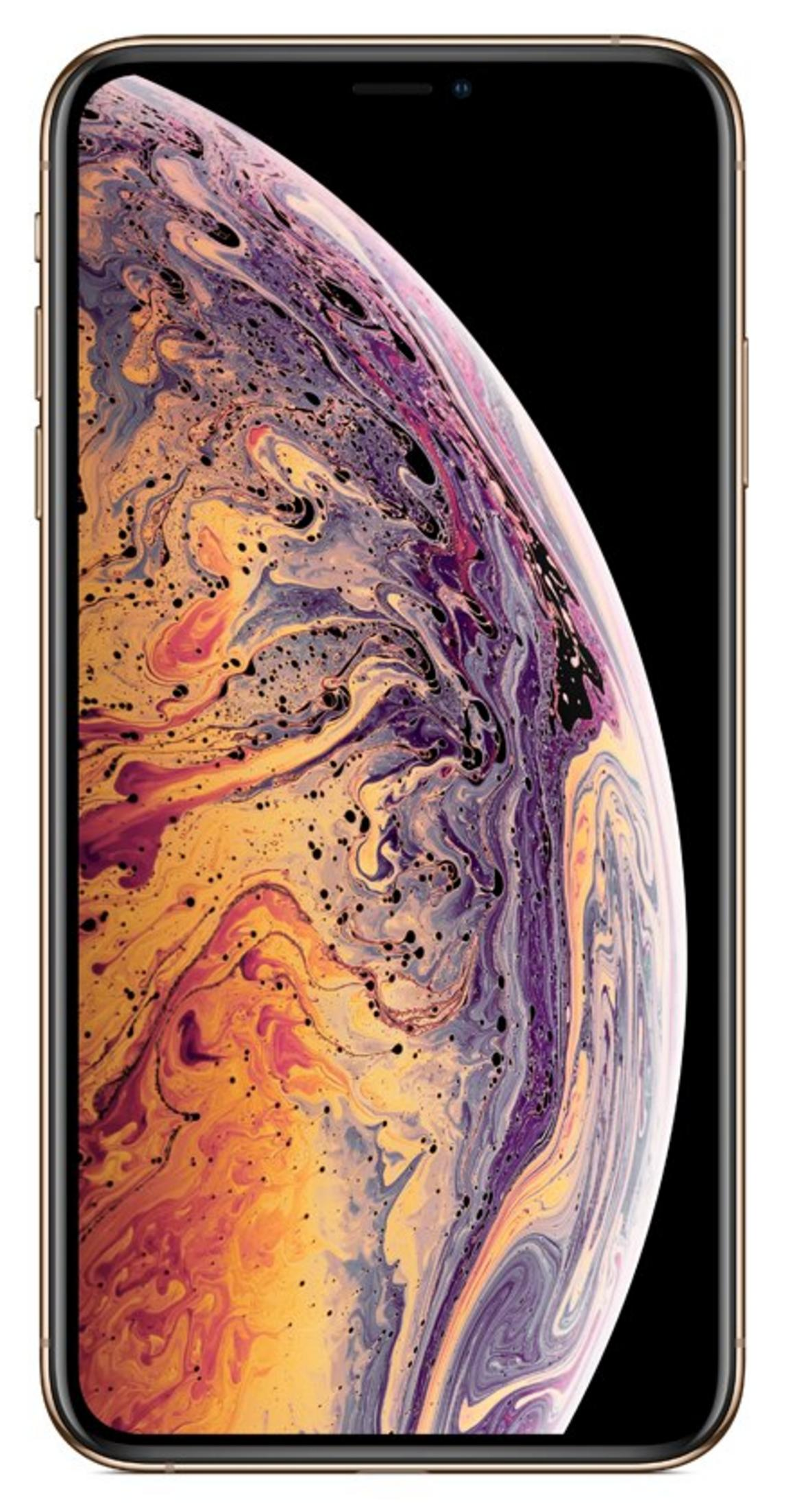 Złoty smartfon z tapetą w kolorze marmuru, pomarańczowym, fioletowym i czarnym.
