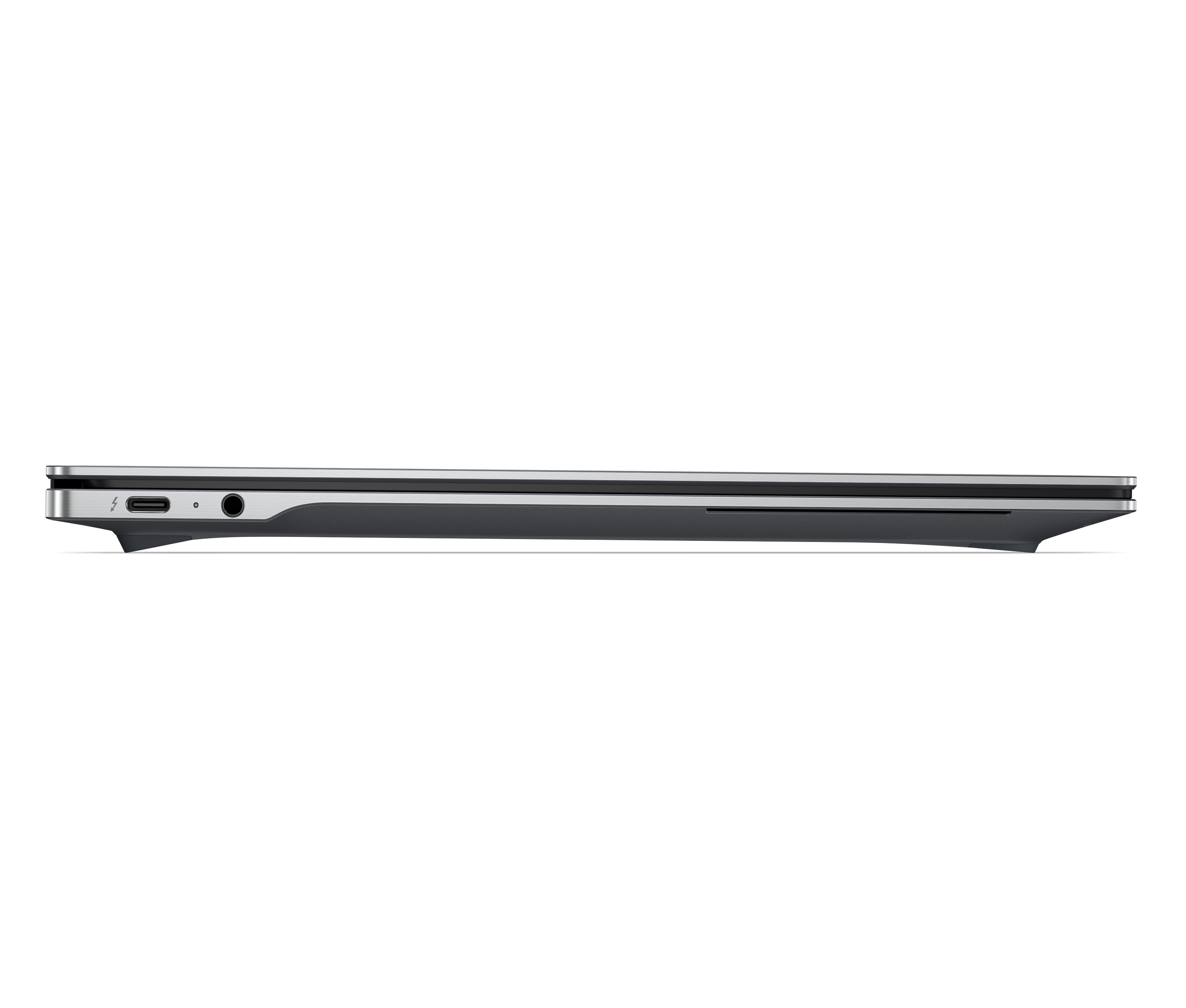Vista laterale di un laptop sottile che mostra le porte: Thunderbolt, USB-C e jack per cuffie.