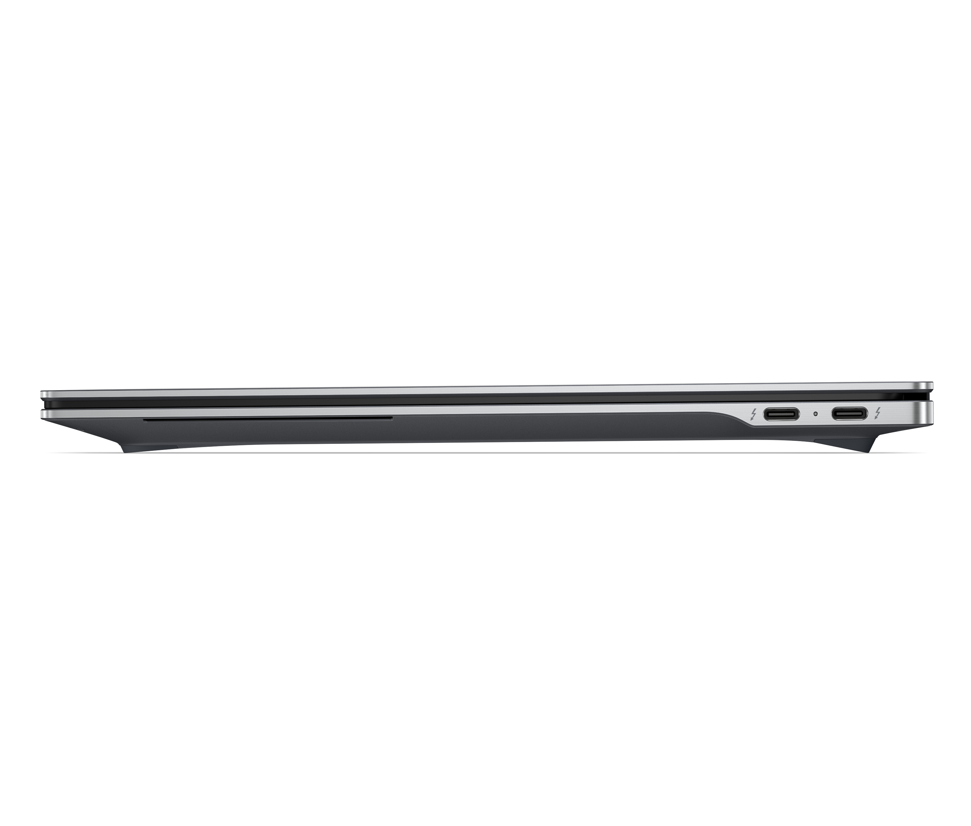 Vista laterale di un laptop grigio sottile con due porte Thunderbolt visibili.