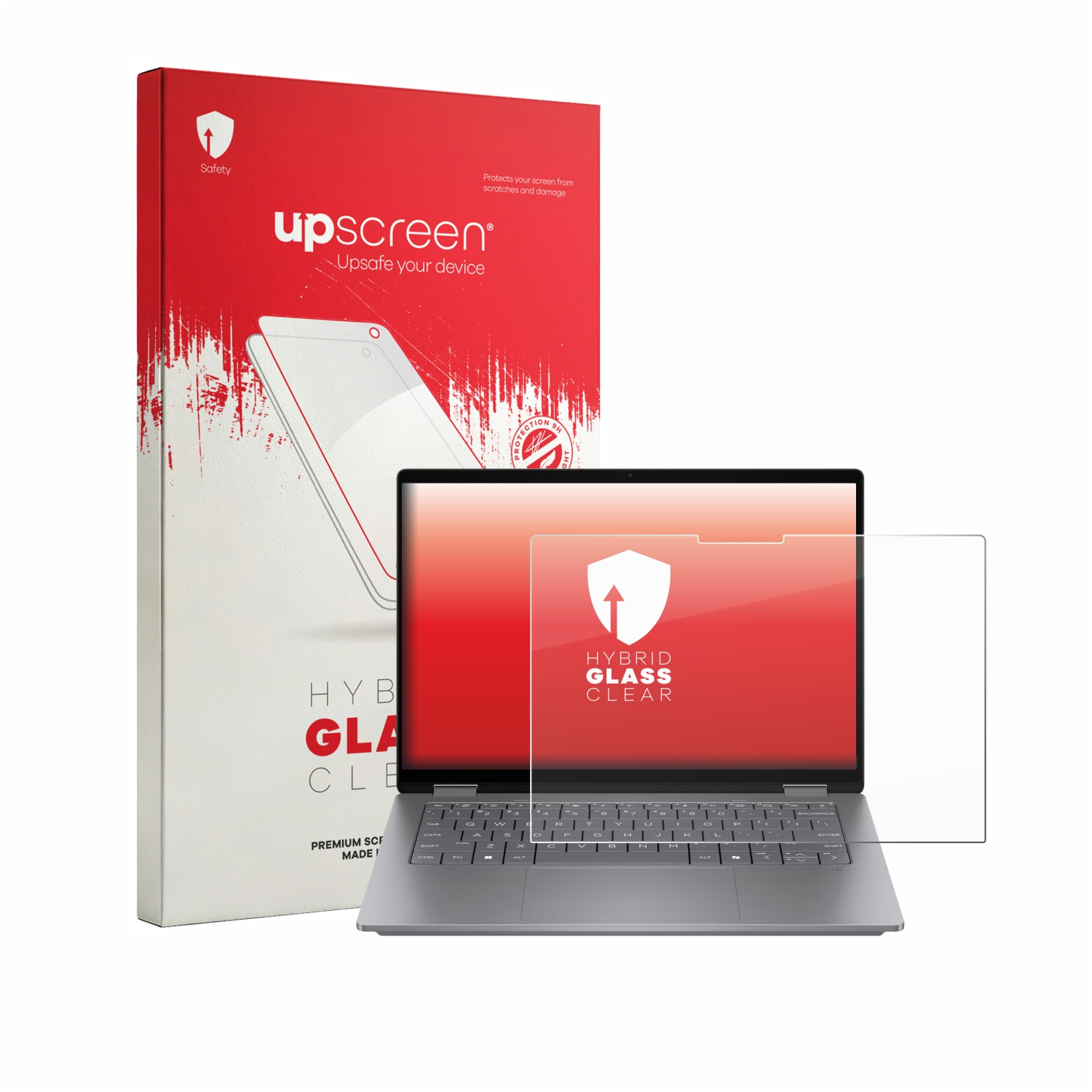 Ein Laptop mit einer Displayschutzfolie und Verpackung. Der Laptop ist geöffnet und zeigt den Bildschirm.