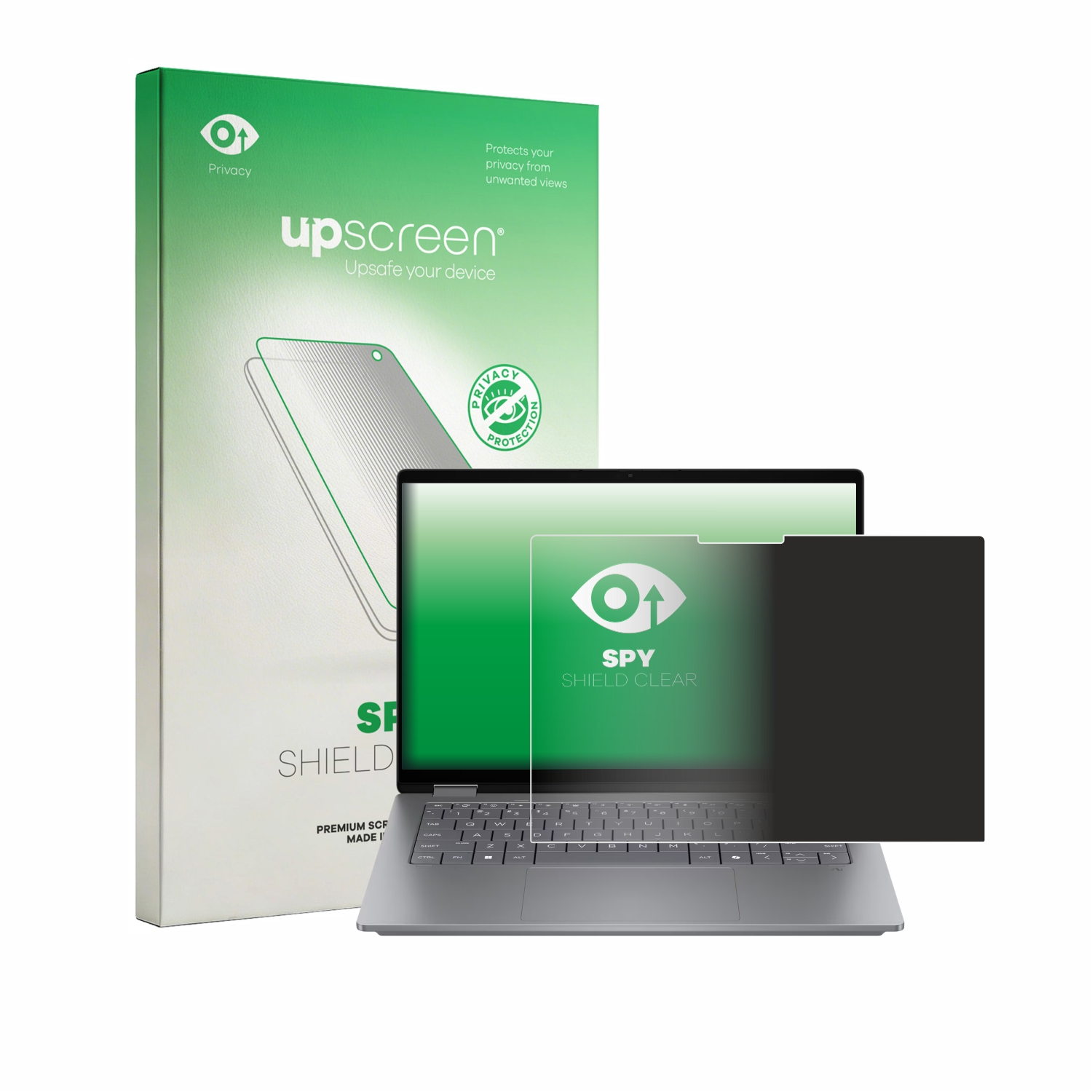 Verpackung für einen Sichtschutz-Displayschutz für Laptops und ein Laptop.