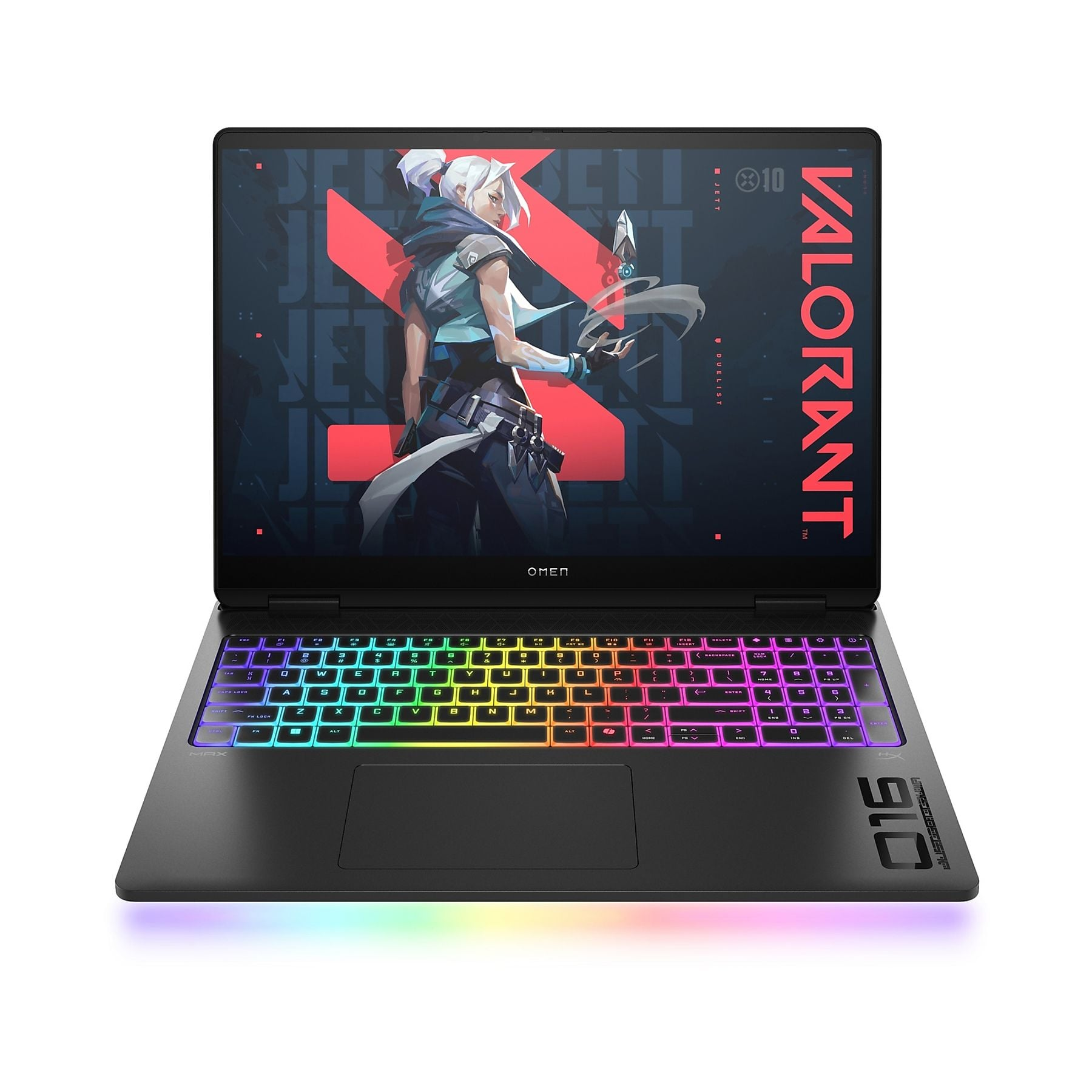 Un laptop nero con grafica di Valorant sullo schermo e retroilluminazione colorata della tastiera.