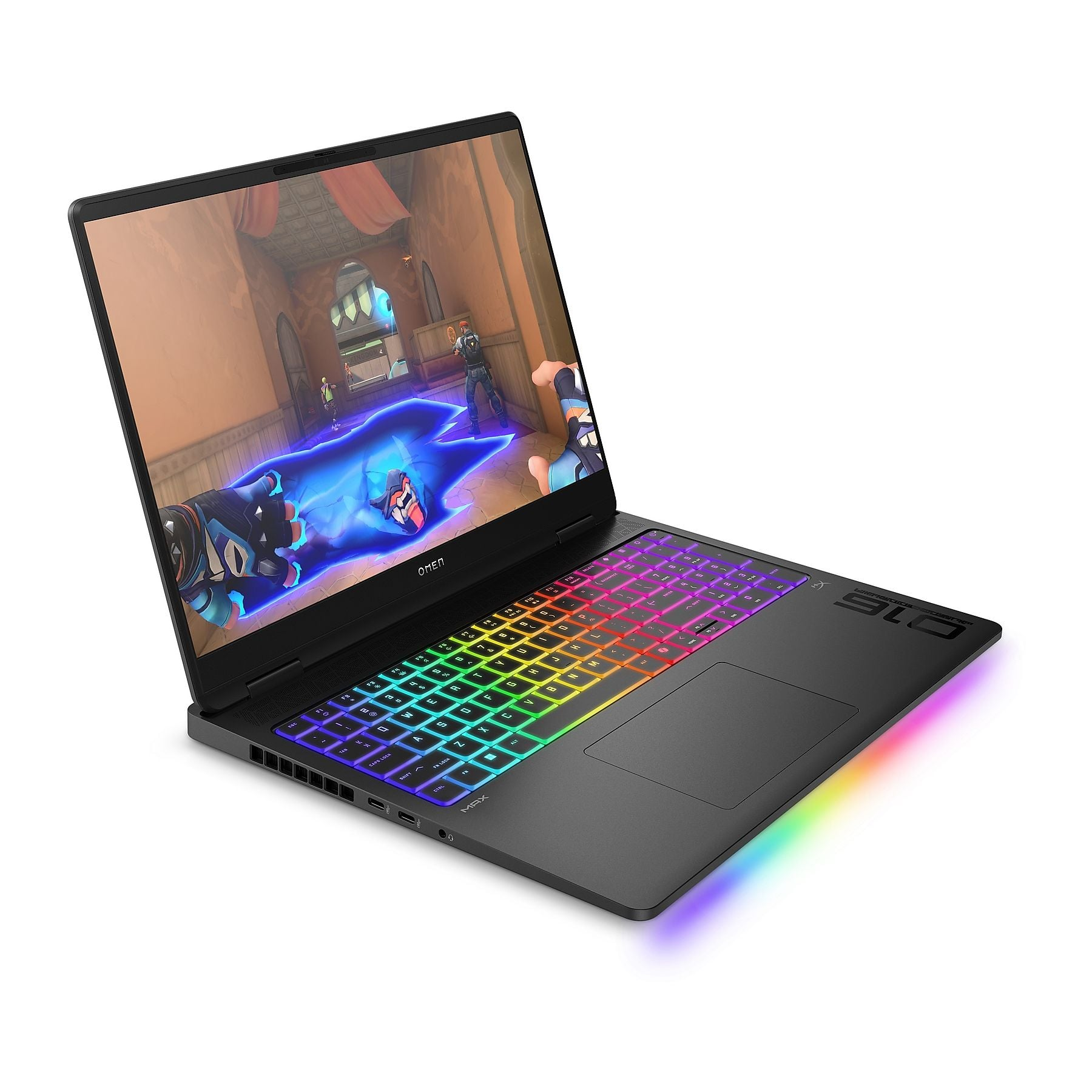 Un laptop da gaming nero con tastiera illuminata e un gioco sullo schermo.