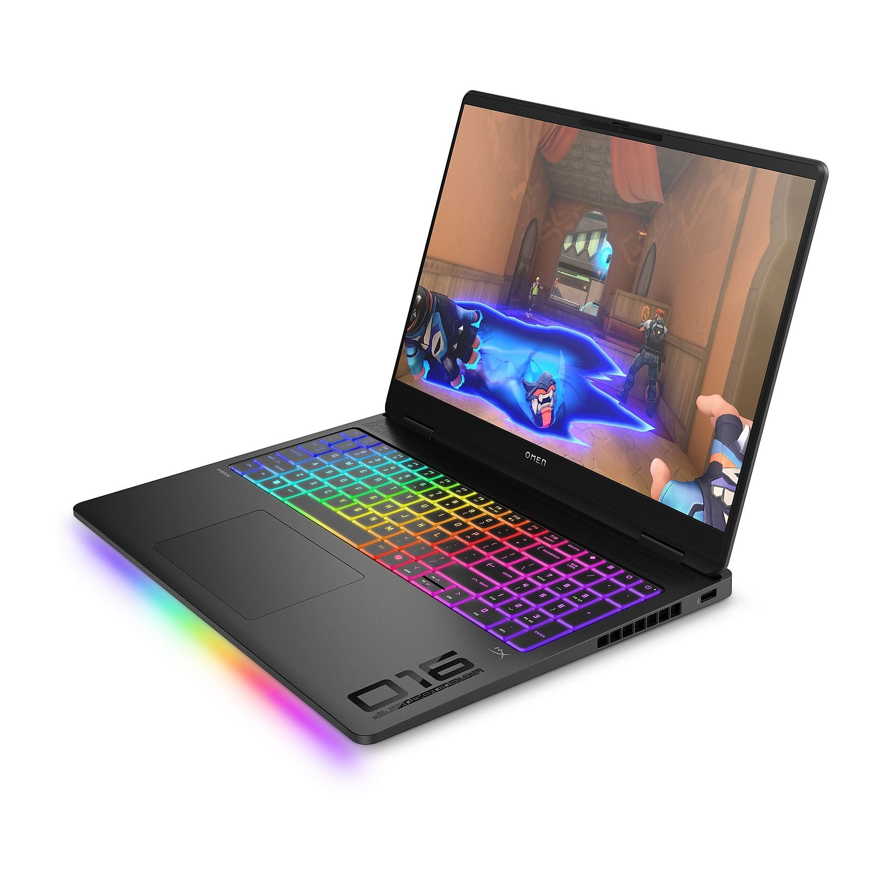 Un laptop nero con tastiera colorata illuminata, che mostra un videogioco.