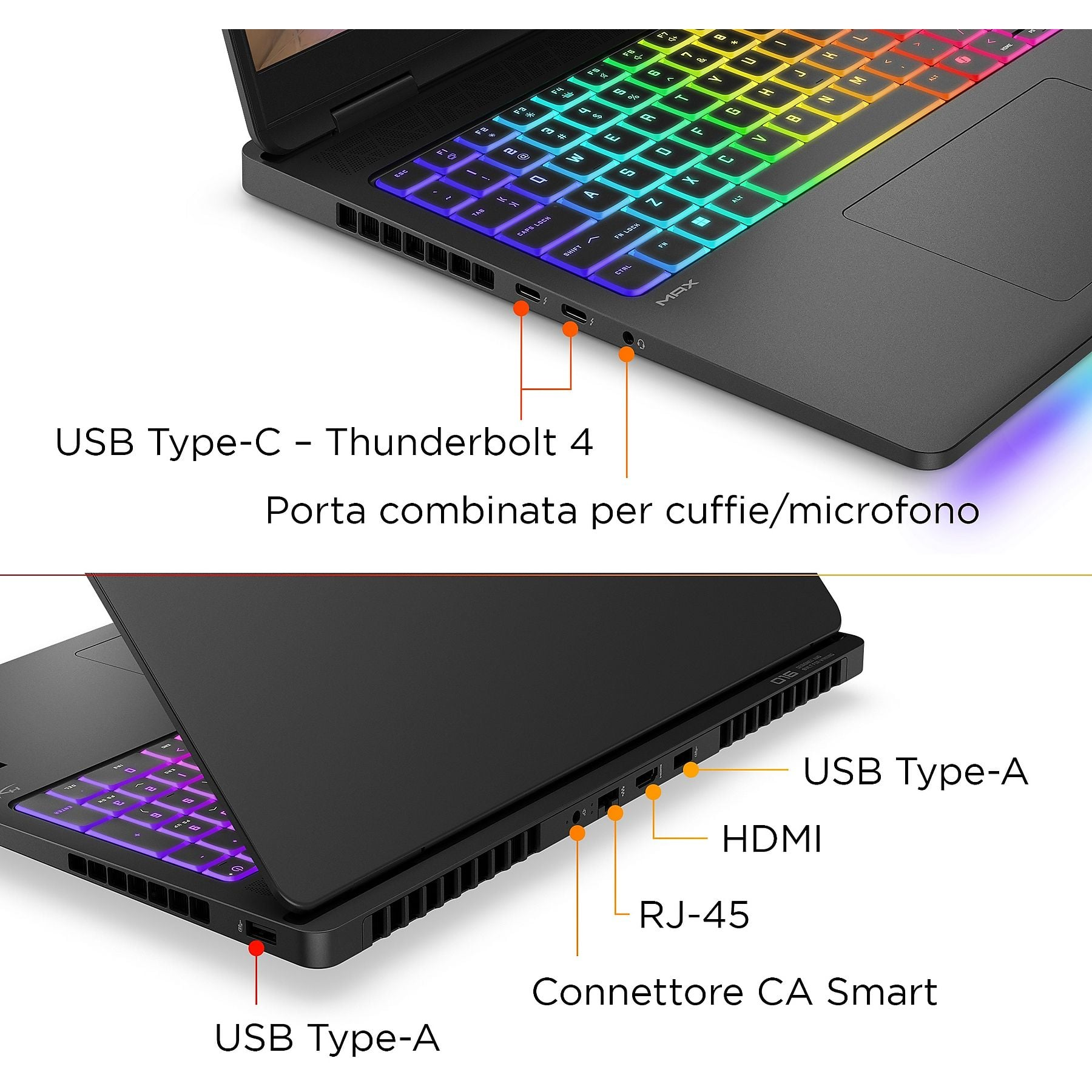 Porte del laptop: USB-C/Thunderbolt 4, cuffie/microfono, USB-A, HDMI, RJ45, CA.