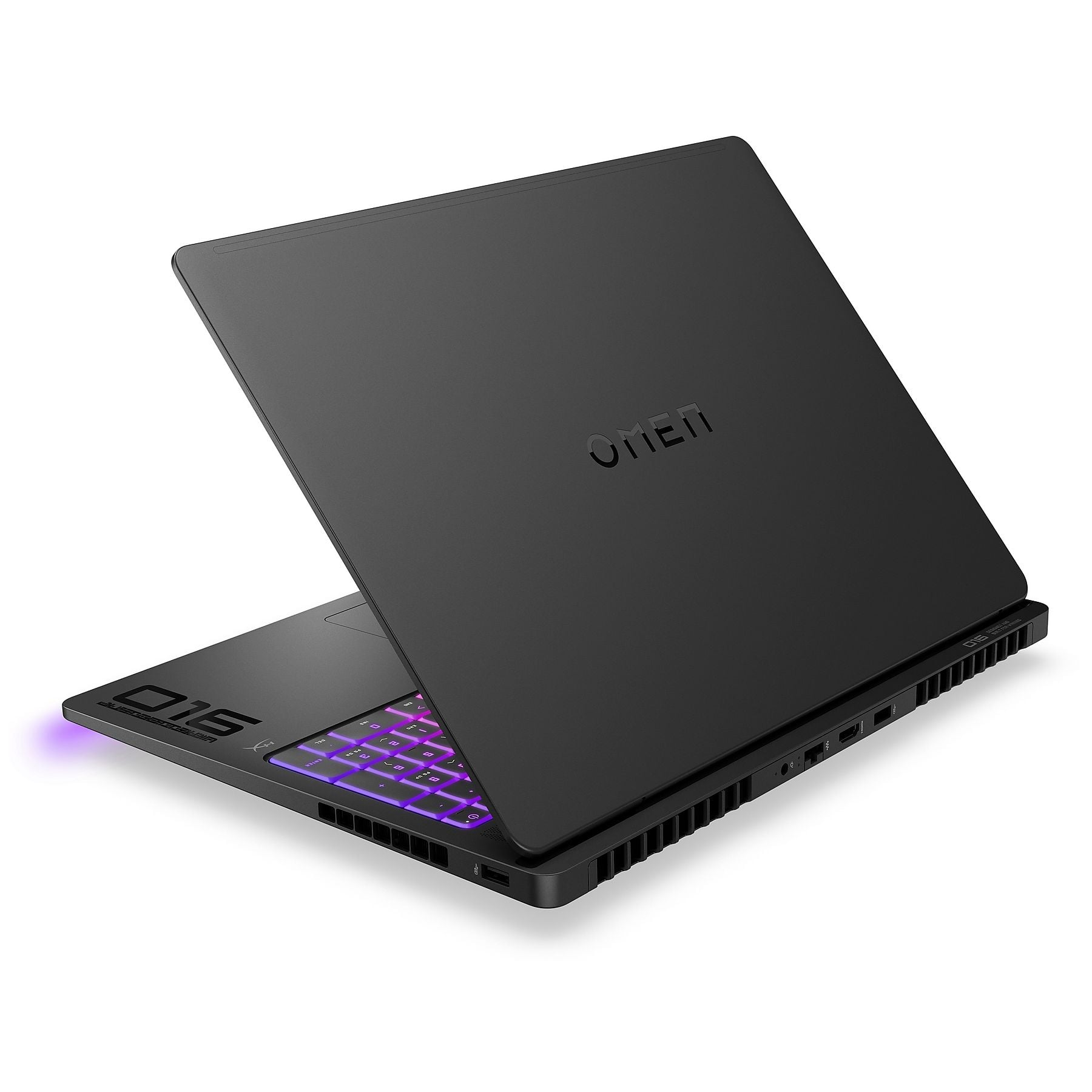 Un laptop gaming Omen nero con tastiera RGB e illuminazione viola.
