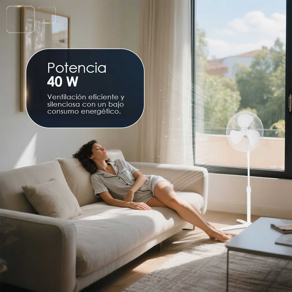 Mujer descansando en un sofá, ventilador al fondo. Potencia 40W.
