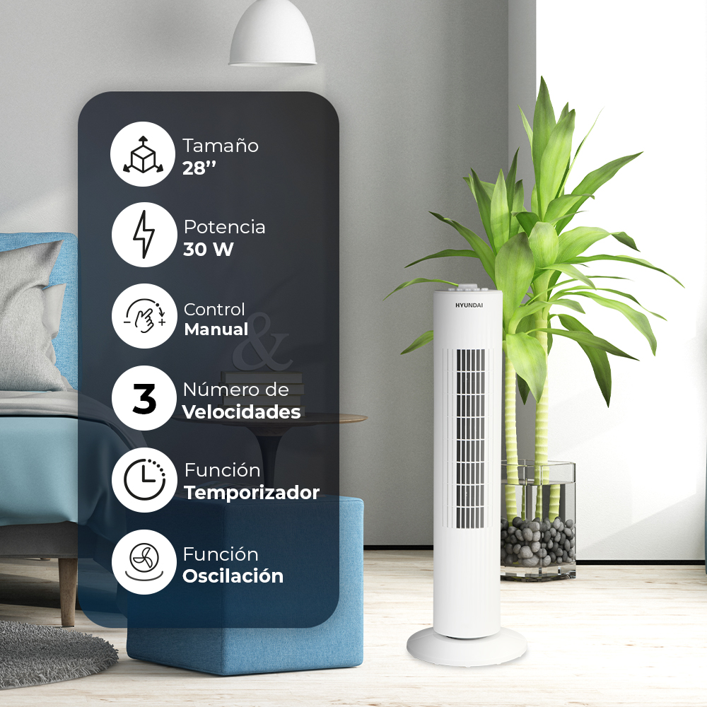 Un ventilador de torre blanco junto a una planta. Especificaciones a la izquierda.