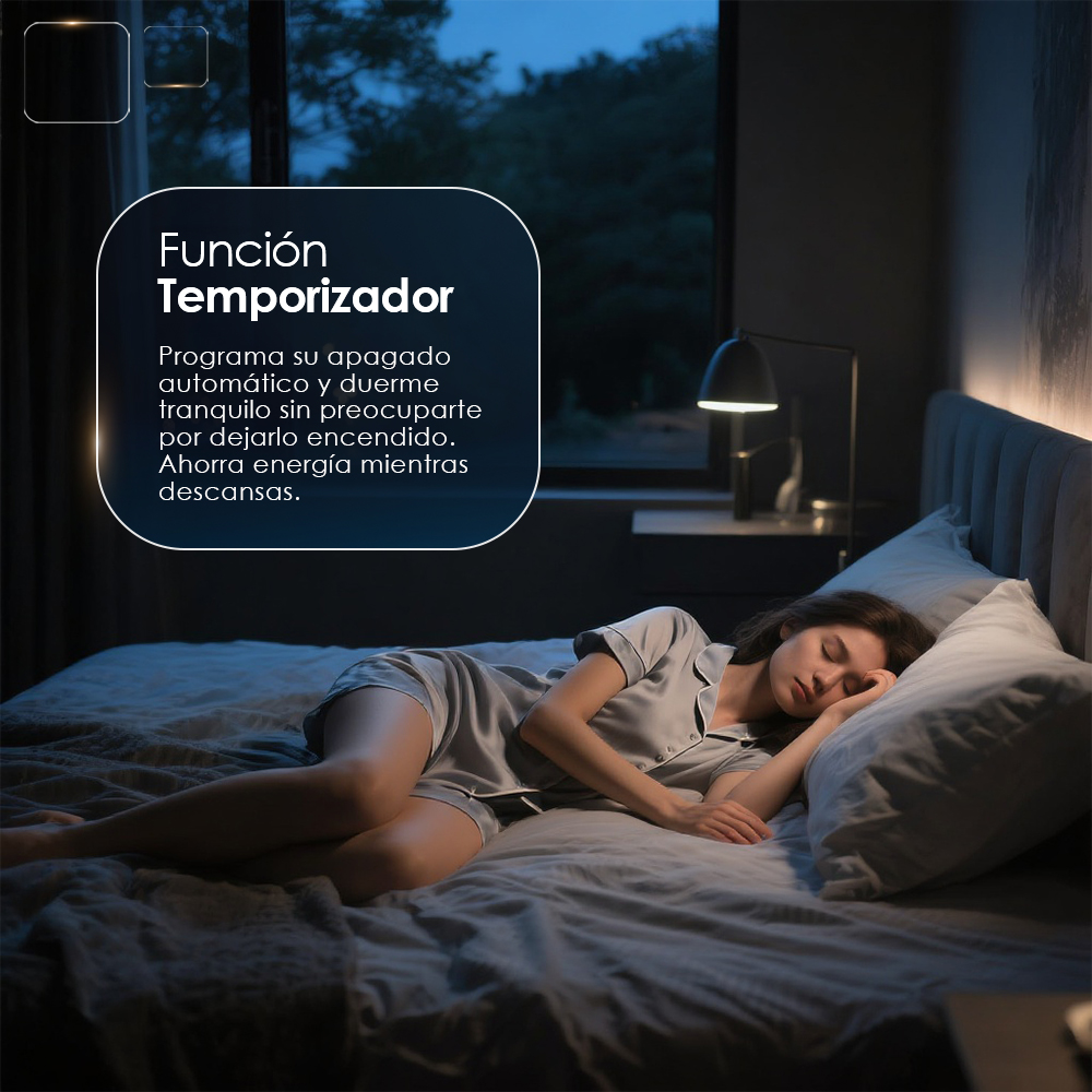 Una mujer duerme en la cama, con texto sobre una función temporizador.