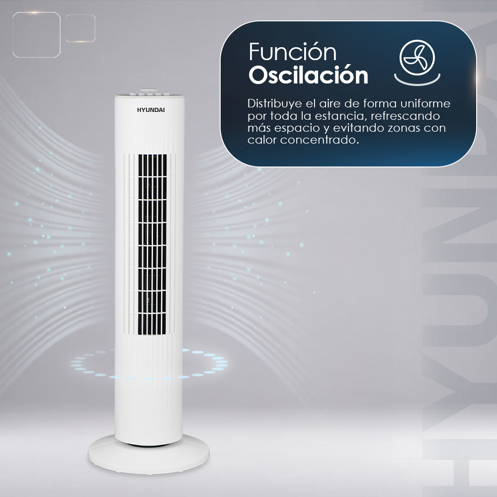 Un ventilador de torre Hyundai blanco con función oscilante para distribuir aire uniformemente.