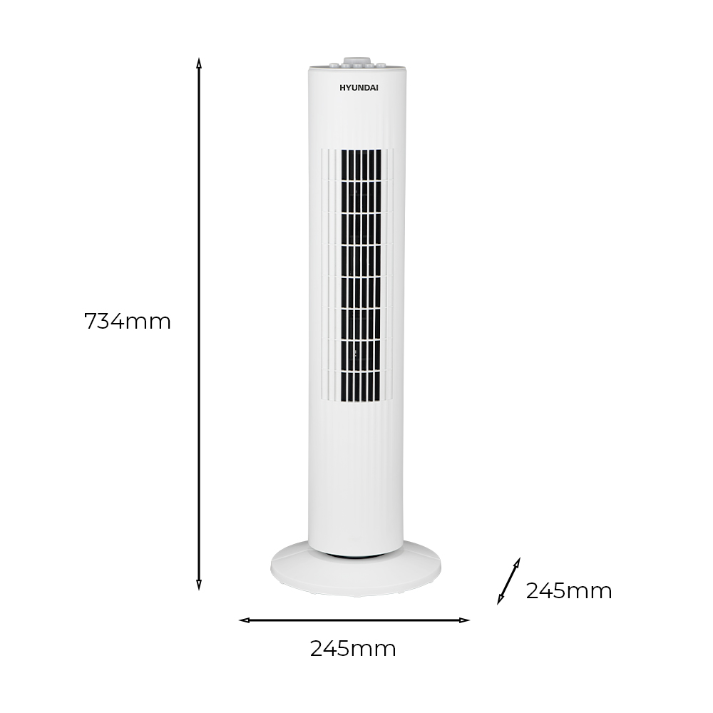 Ventilador de torre Hyundai blanco con dimensiones 734mm alto, 245mm ancho y fondo.
