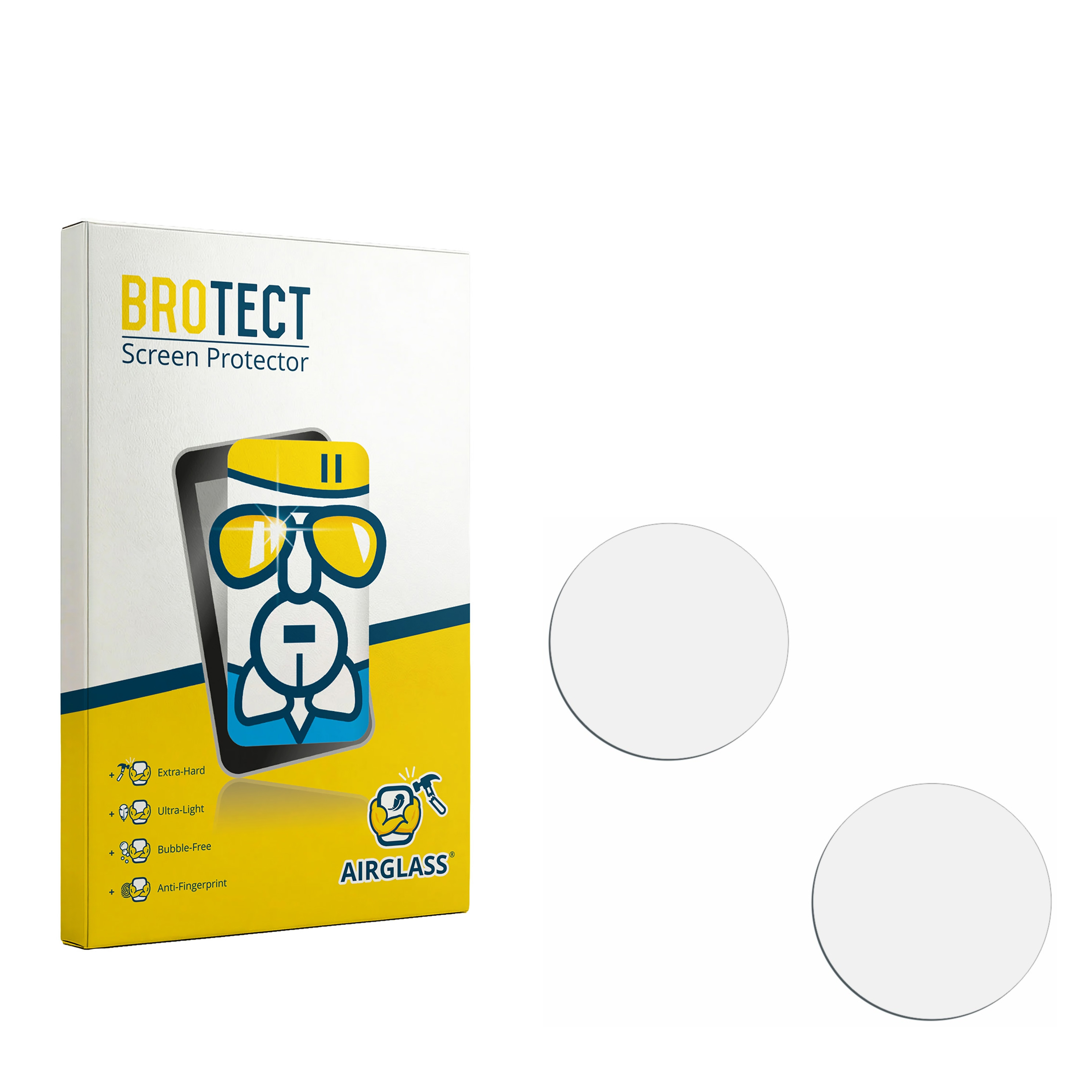 Verpackung für BROTECT Displayschutzfolie mit zwei runden Schutzfolien daneben.