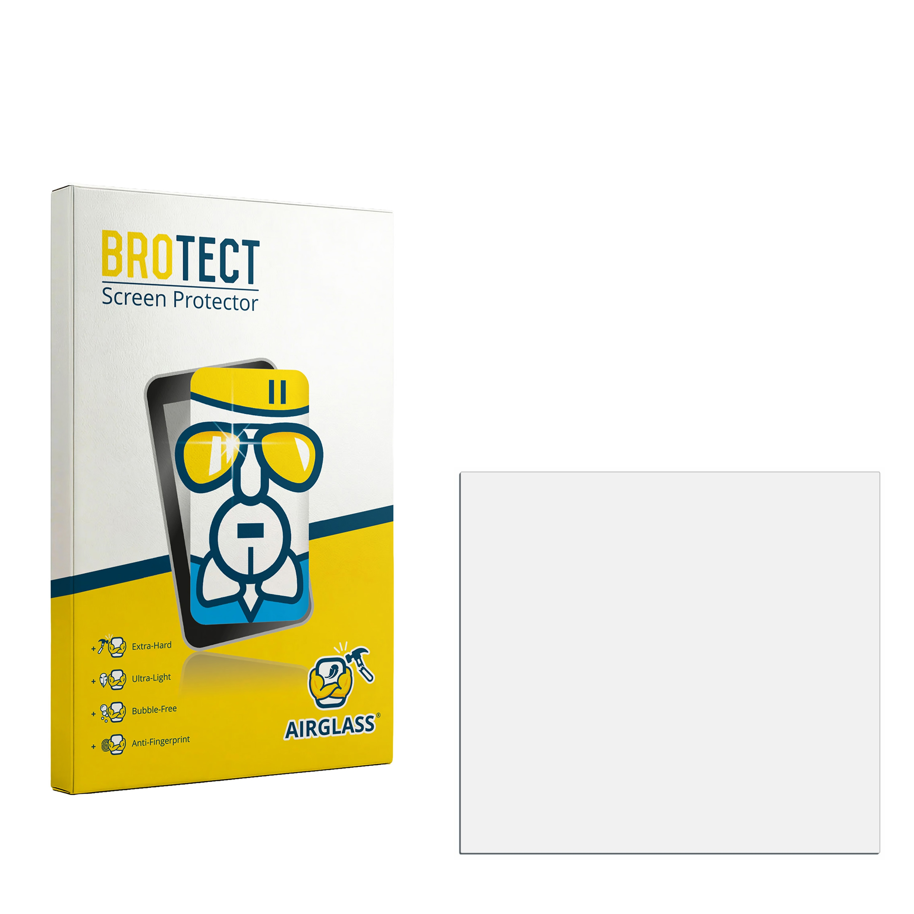 BROTECT Displayschutzfolie mit Illustration eines stilisierten Gesichts und Icons.