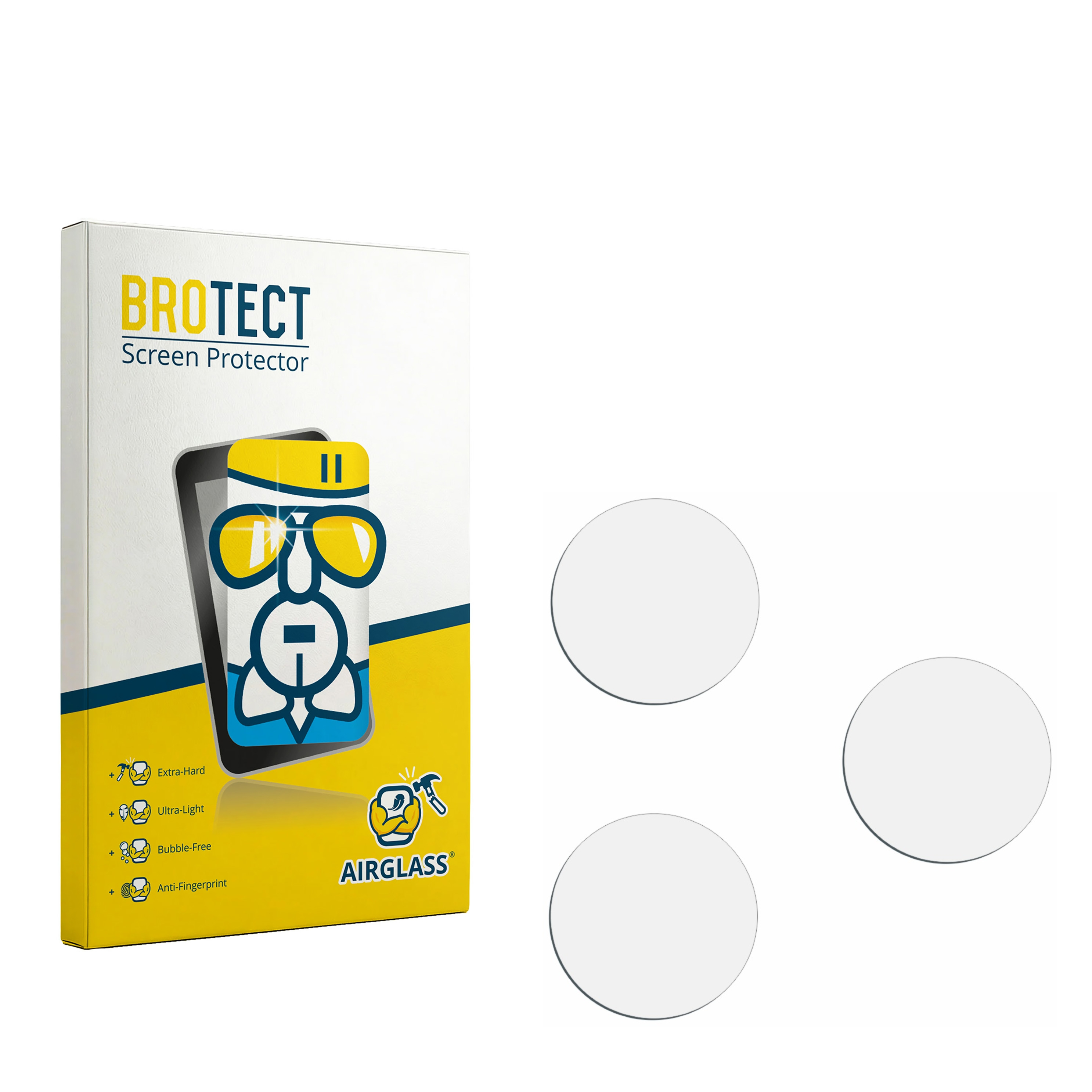 BROTECT Displayschutzfolie-Verpackung mit drei runden Displayschutzfolien.