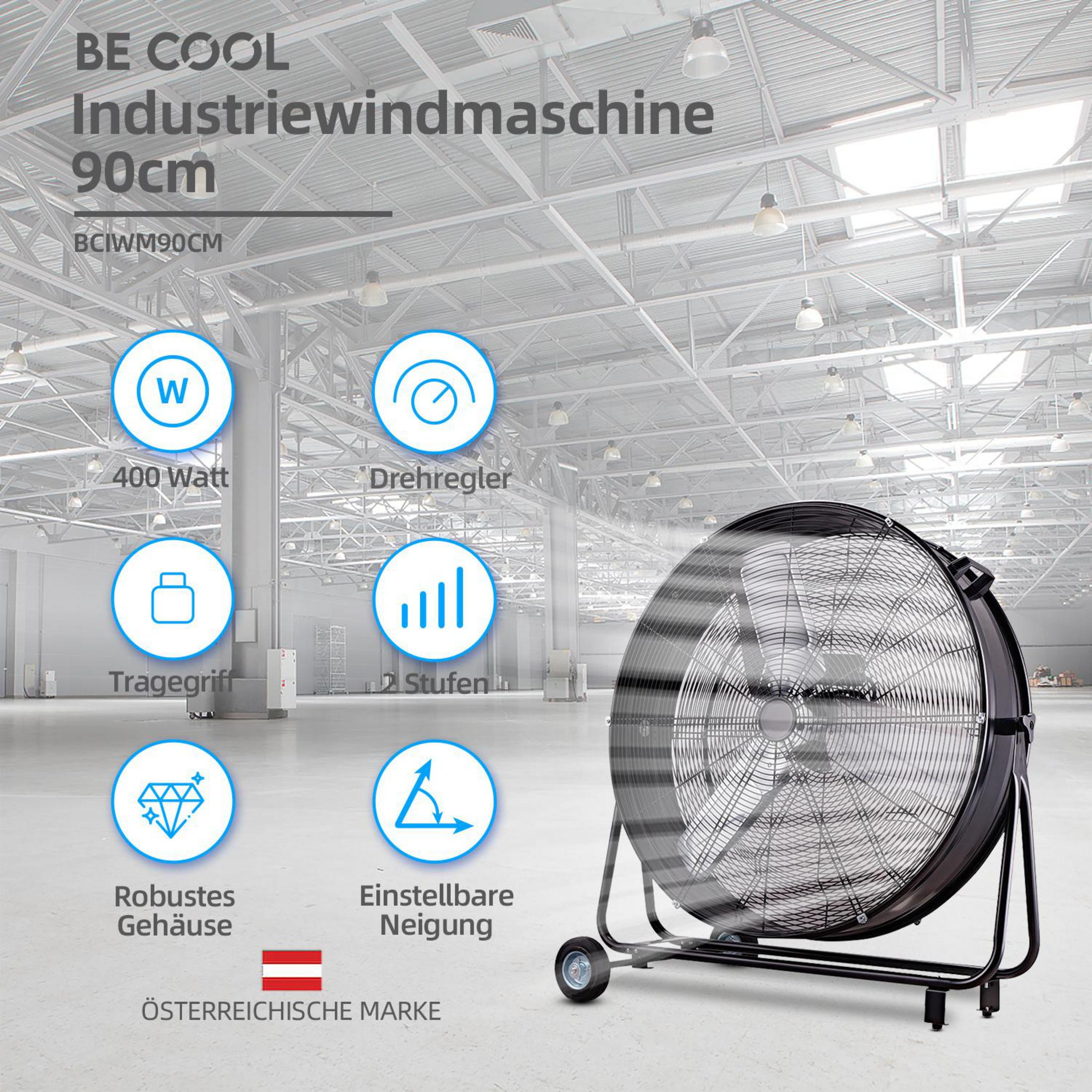 Ein industrieller Ventilator mit 90cm Durchmesser, 400 Watt, auf Rädern, in einer Lagerhalle.