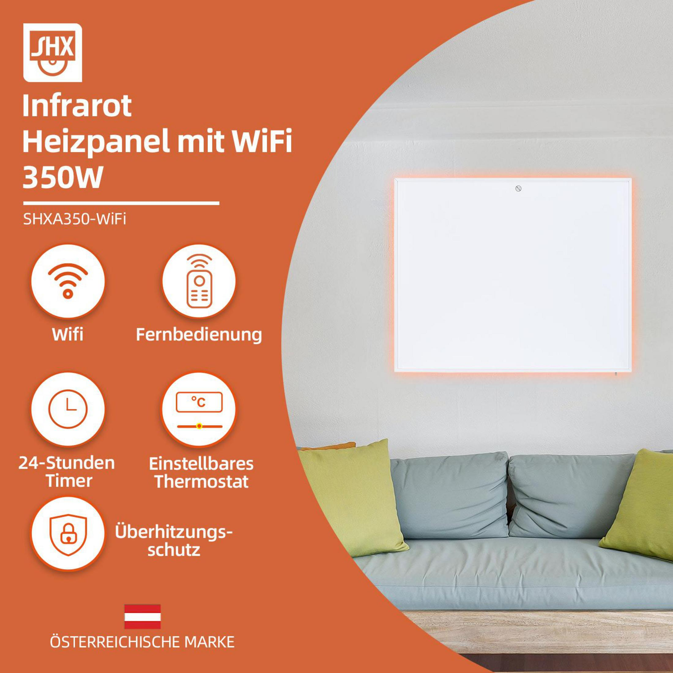 SHX Infrarot-Heizpanel 350W mit WiFi. Merkmale: WiFi, Fernbedienung, 24h Timer, Thermostat, Überhitzungsschutz.
