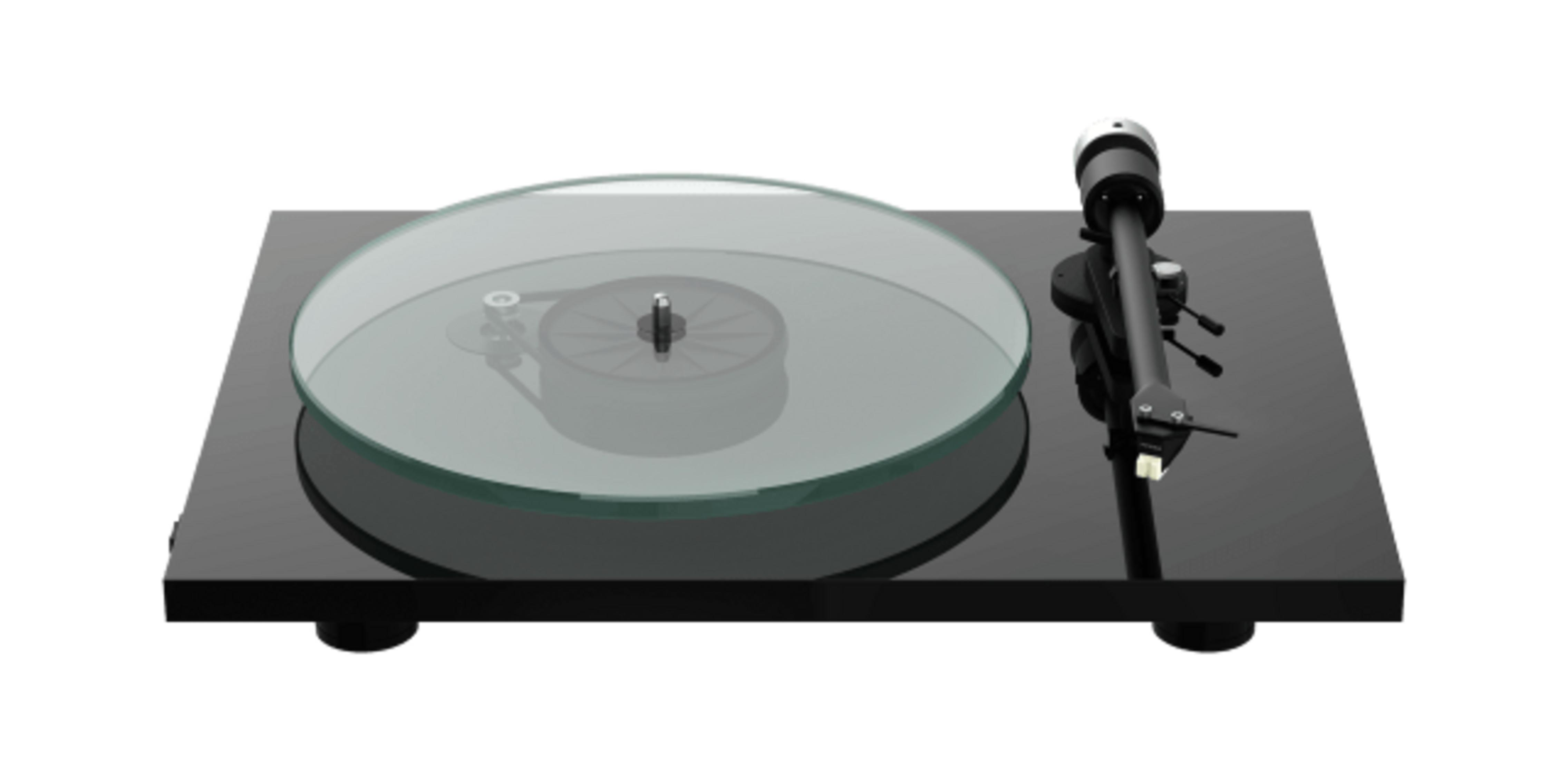 Black turntable with glass platter and tonearm, isolated on white.