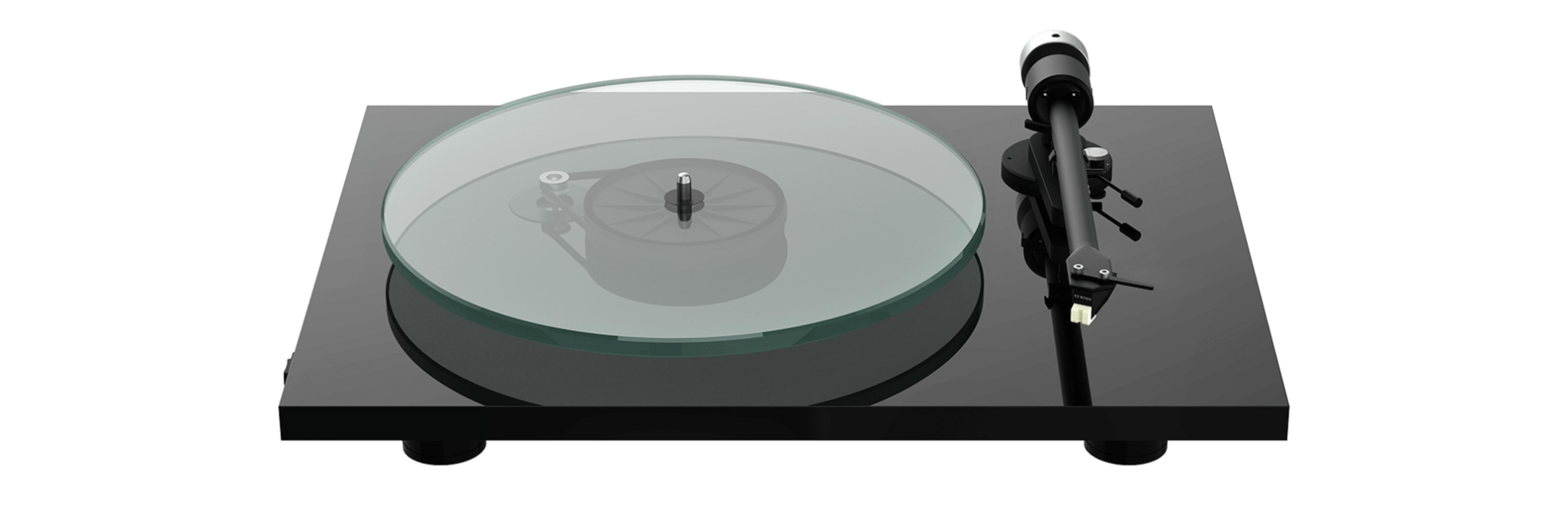 Black turntable with glass platter and tonearm.