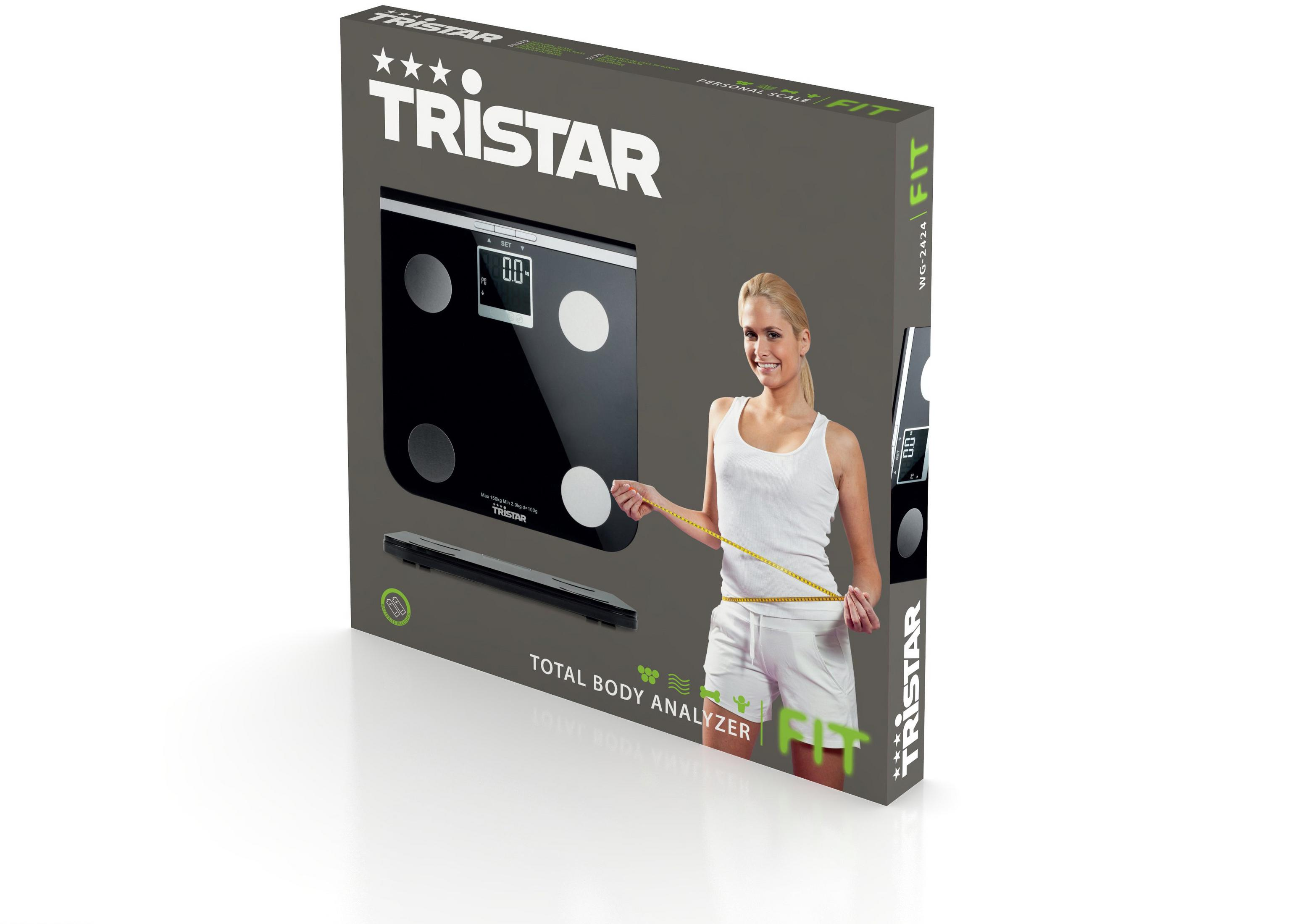 Tristar Personenwaage mit digitaler Anzeige und einer Frau, die ihren Taillenumfang misst.