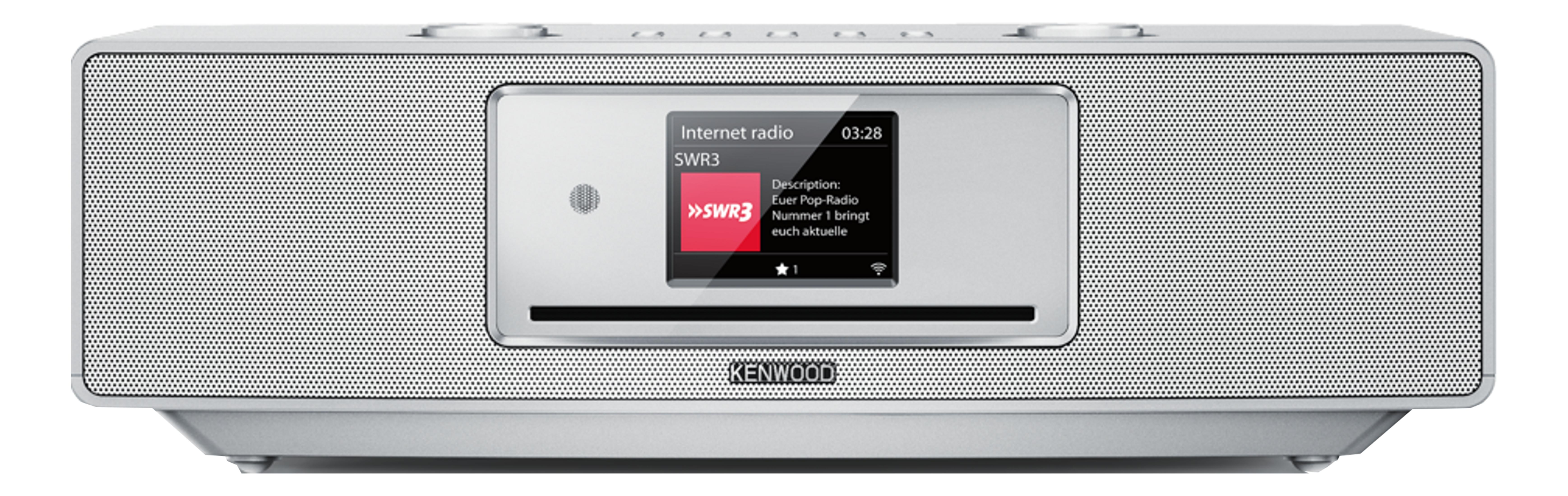 Radio Internet Kenwood argentée avec un écran affichant SWR3.