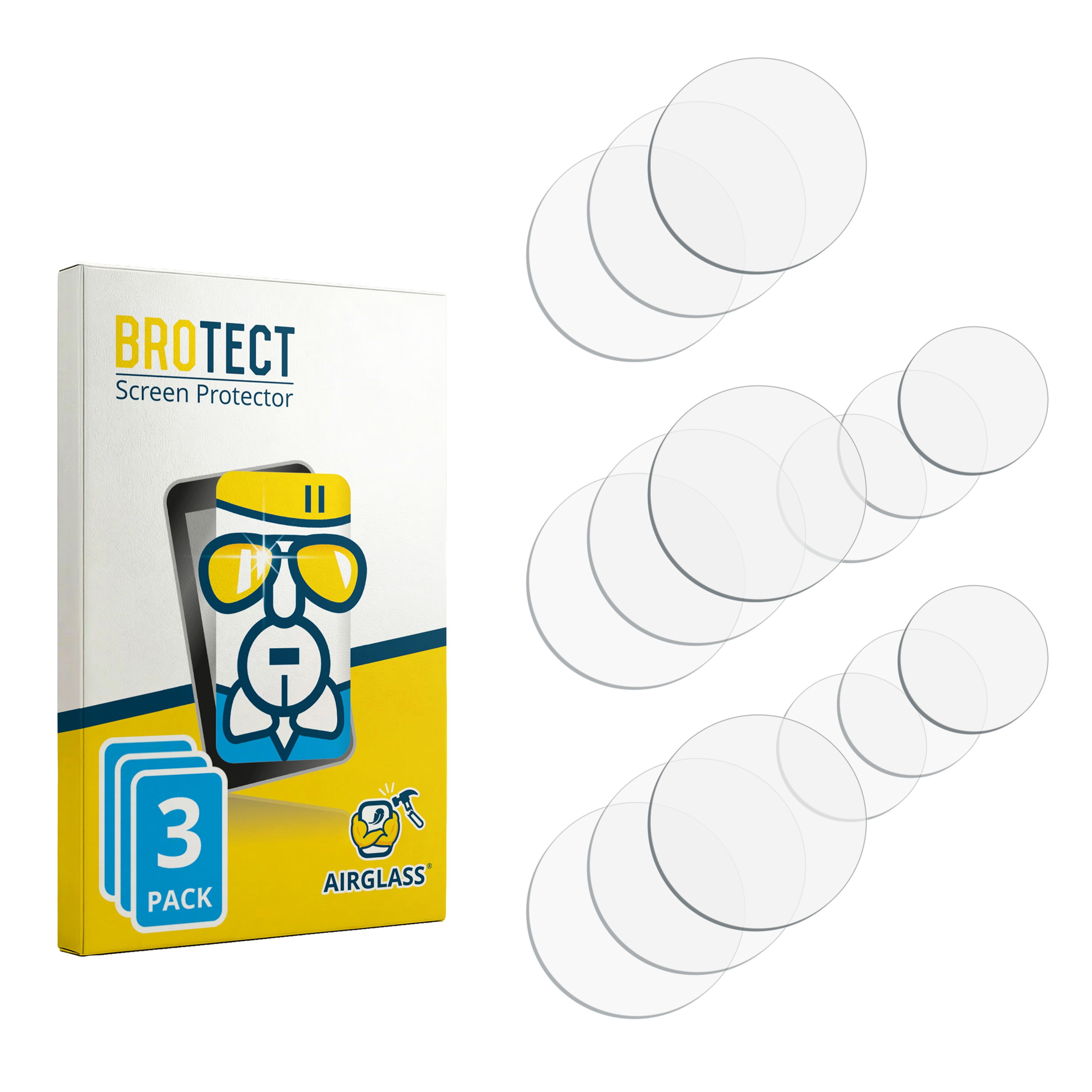 Verpackung mit 3 Displayschutzfolien und mehreren runden Schutzfolien.