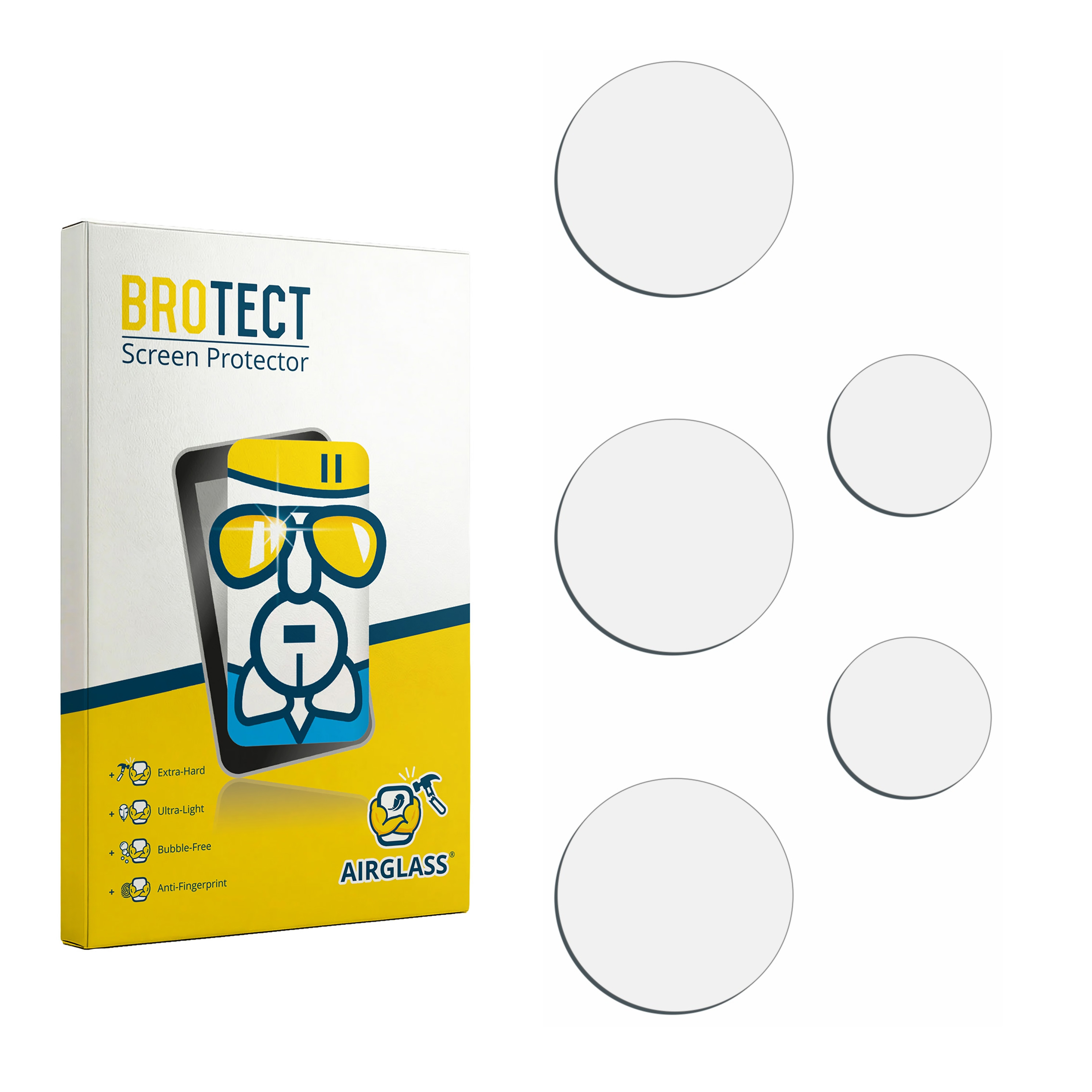 Verpackung für BROTECT Displayschutzfolie mit Symbolen für Härte und Blasenfreiheit.