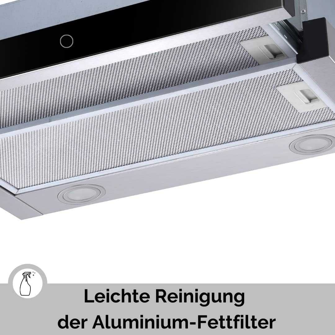 Unterseite einer modernen Dunstabzugshaube mit metallischen Netzfiltern und LED-Leuchten.