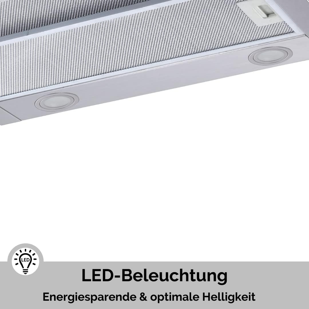 Silberne Dunstabzugshaube mit LED-Leuchten und Netzfiltern.