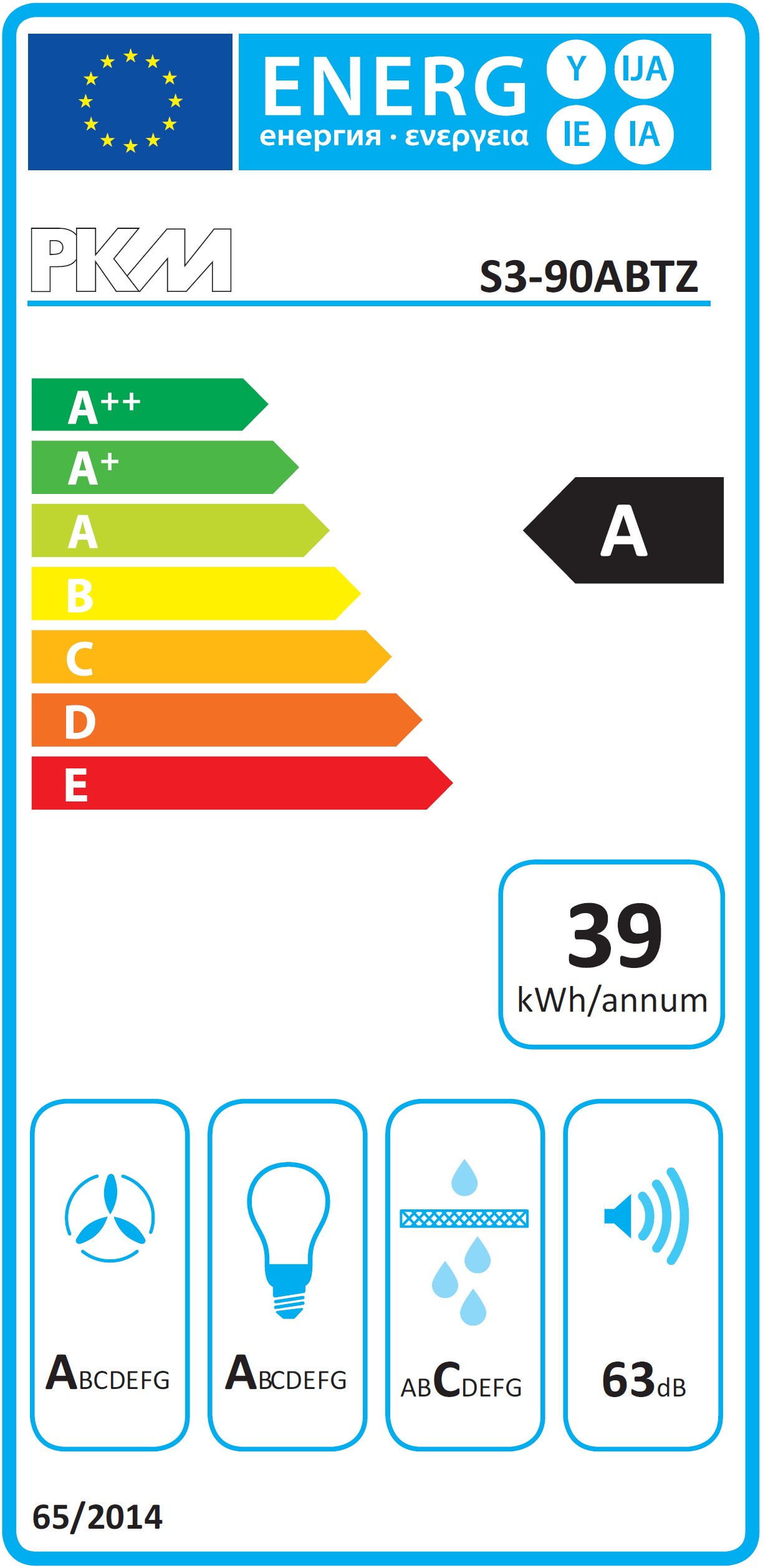 Etichetta di efficienza energetica con scala da A++ a E, modello S3-90ABTZ, 39 kWh/anno.