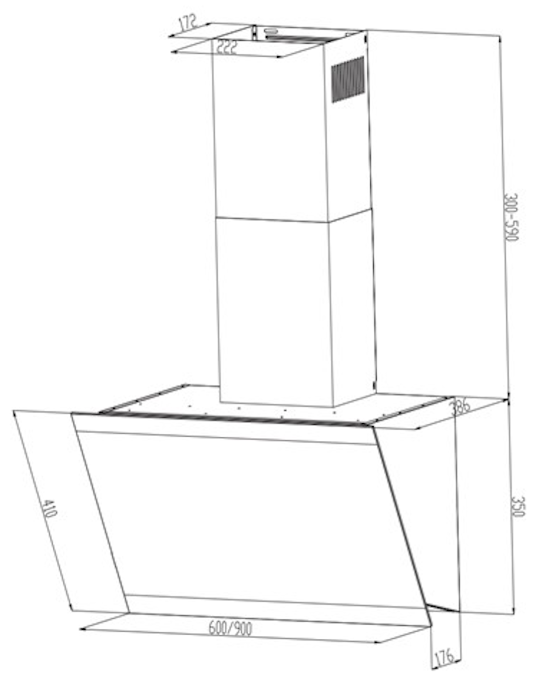 Technische Zeichnung einer Dunstabzugshaube mit Maßen und Details.