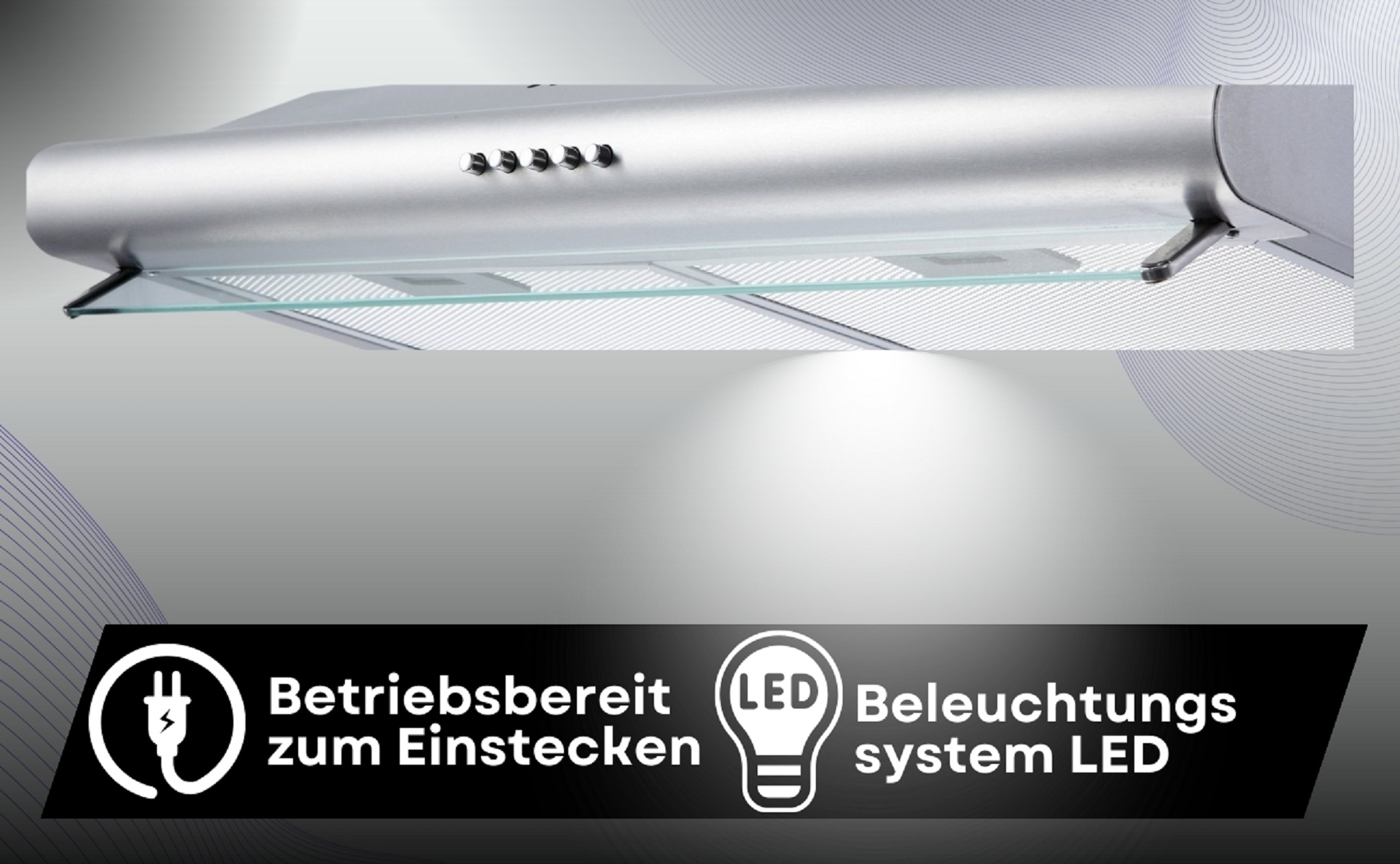Cappa aspirante in acciaio inox con ripiano in vetro, illuminazione LED e plug-in.