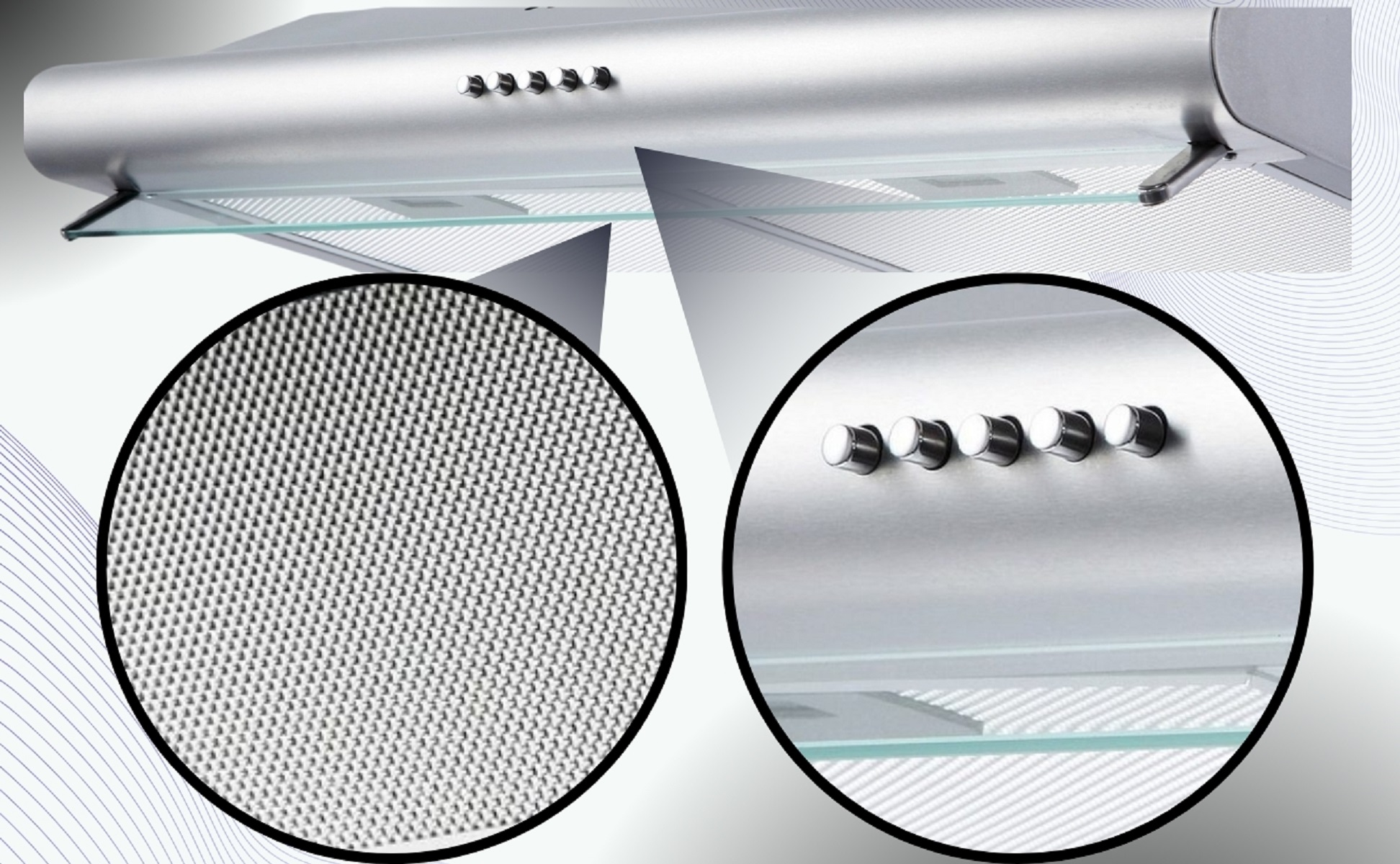 Cappa aspirante in acciaio inox con ripiano in vetro e cinque pulsanti.