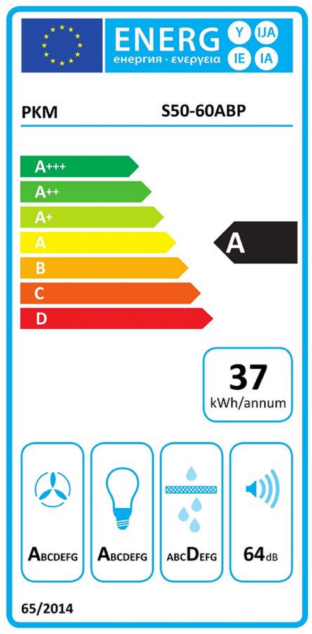 Energielabel für PKM S50-60ABP. Zeigt Energieeffizienzskala A+++ bis D, mit A bewertet. 37 kWh/Jahr.
