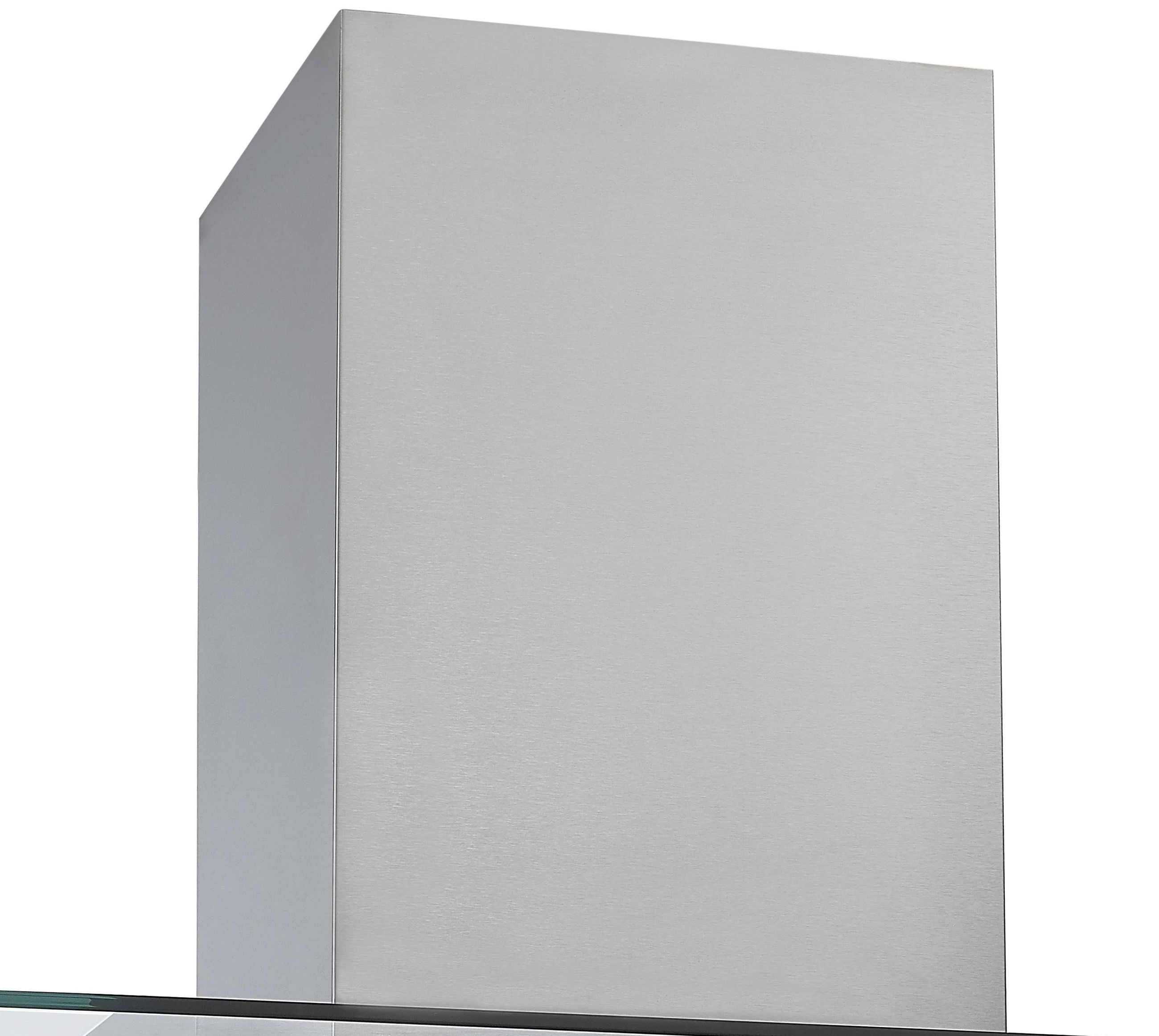 Eine silberne Dunstabzugshaube aus Metall mit Glasrand.