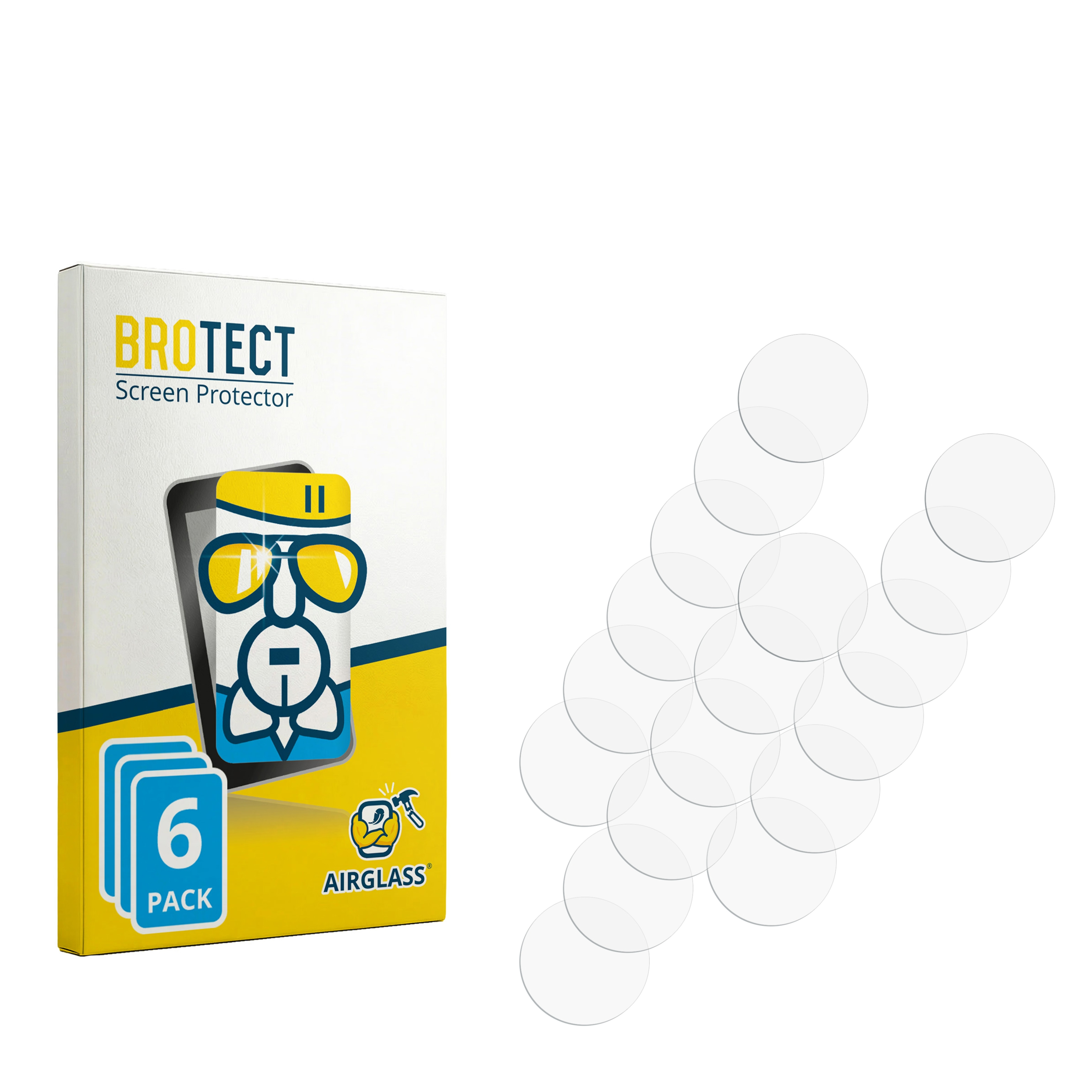 Brotect Displayschutzfolien-Packung mit 6 Stück und einzelnen runden Folien.