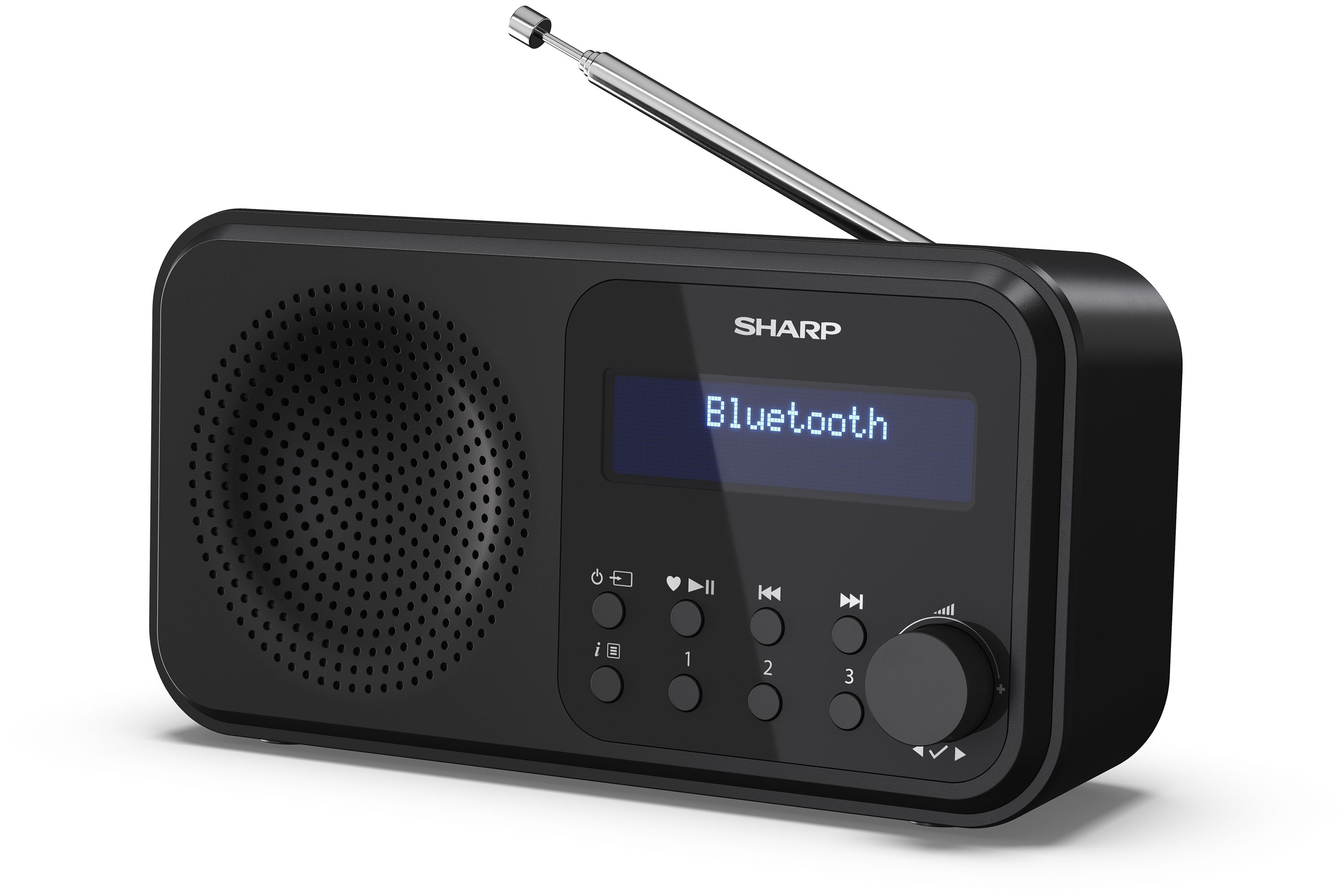 Ein schwarzes Sharp-Radio mit blauem Bildschirm, das Bluetooth anzeigt, und ausgefahrener Antenne.
