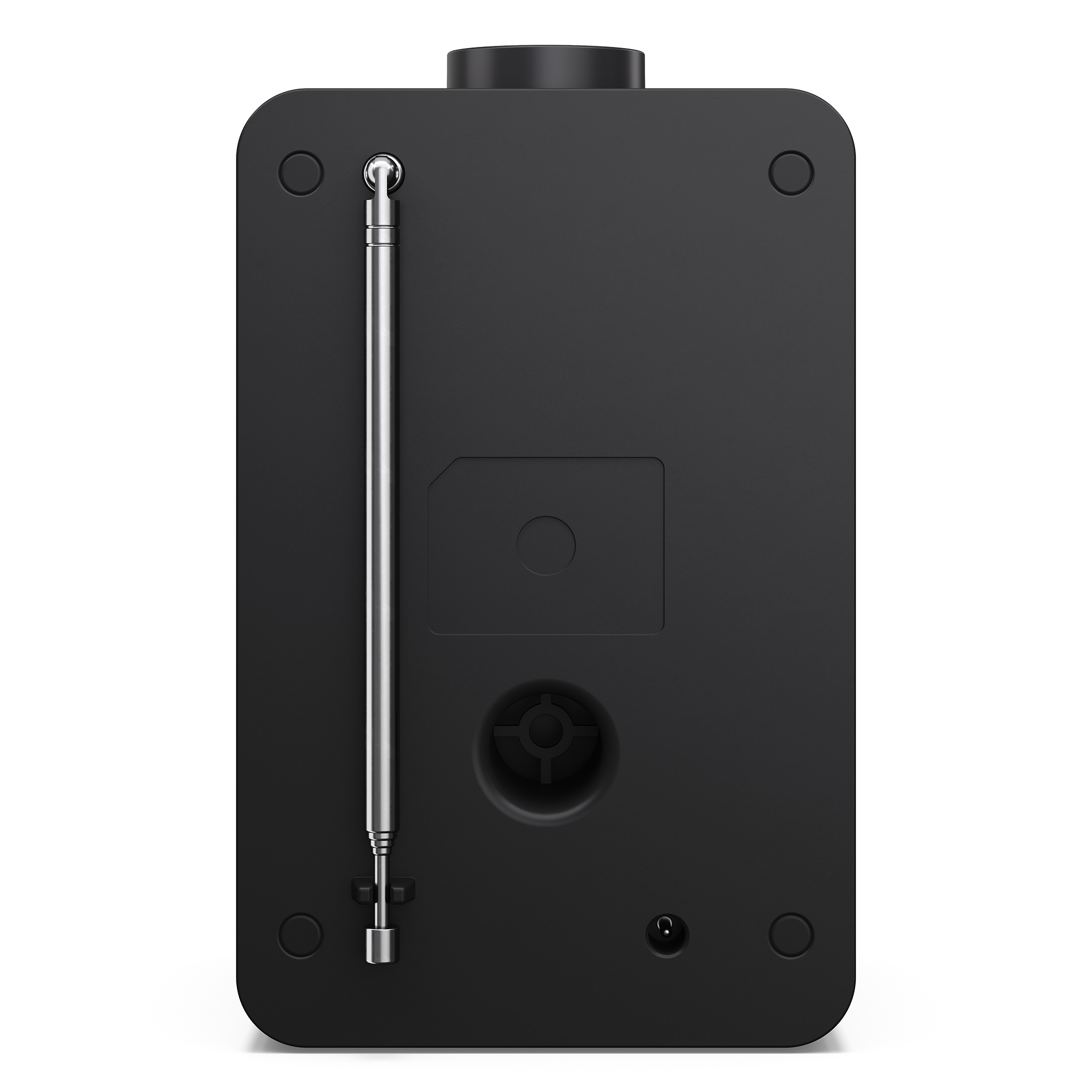 Back of a black radio with a retractable antenna and ports.