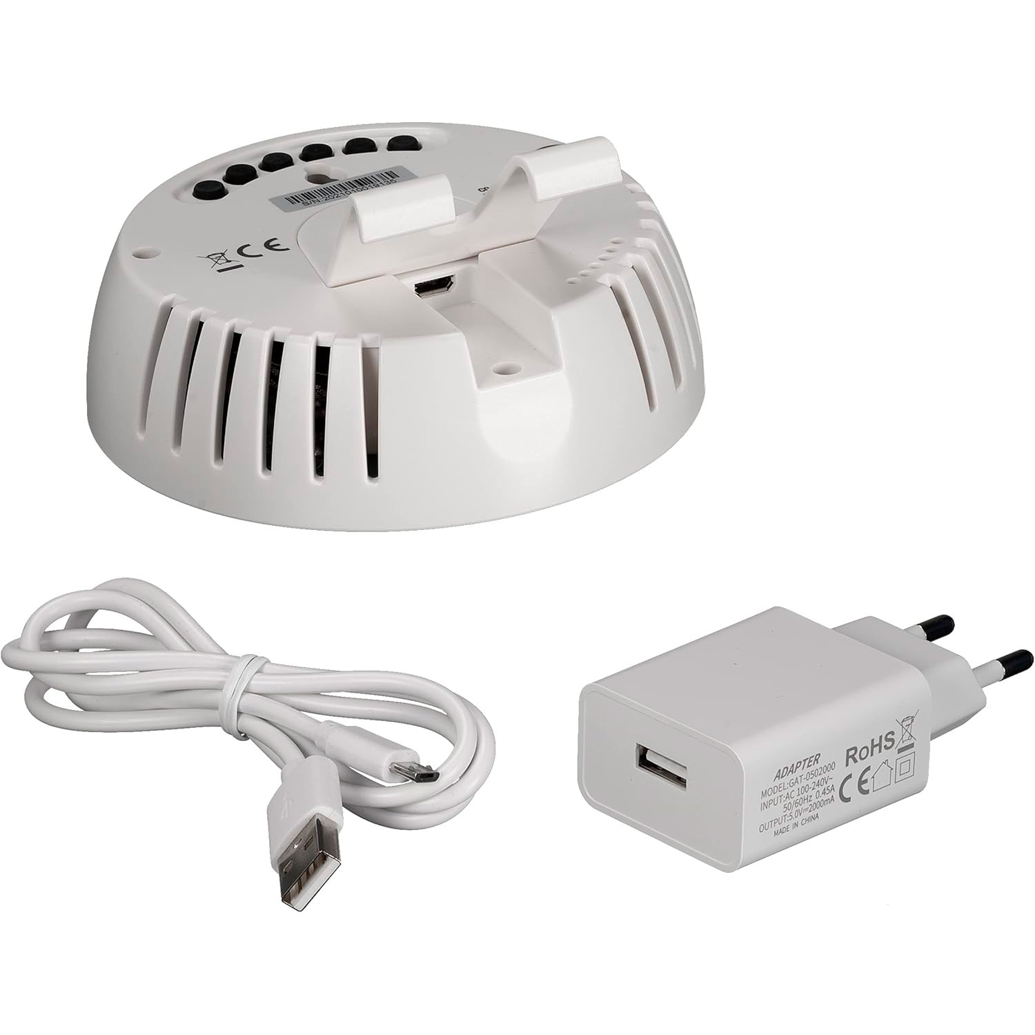 Base de despertador blanca, cable USB y adaptador de corriente con enchufe UE.