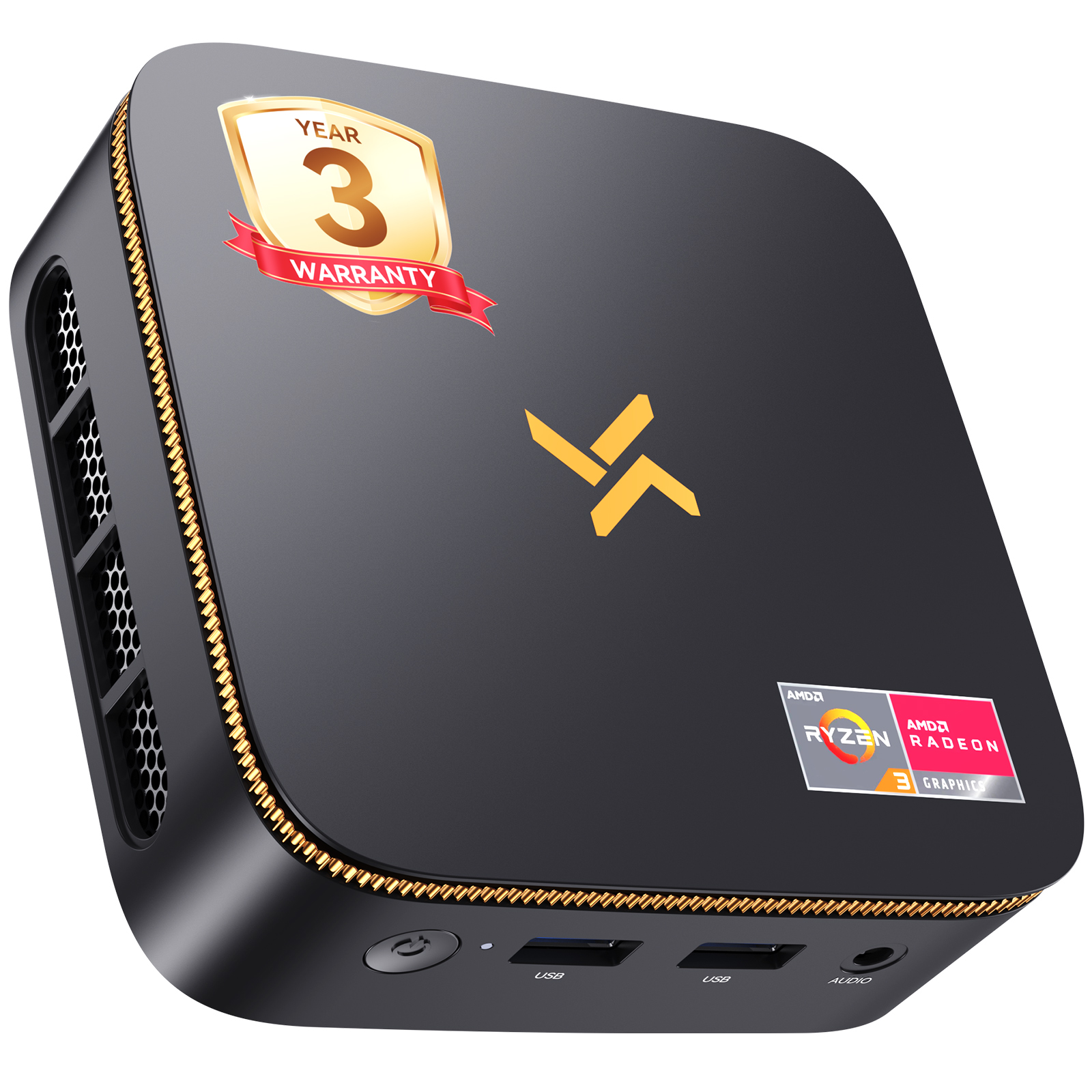 Ein schwarzer Mini-PC mit AMD Ryzen-Logo und 3 Jahren Garantie.