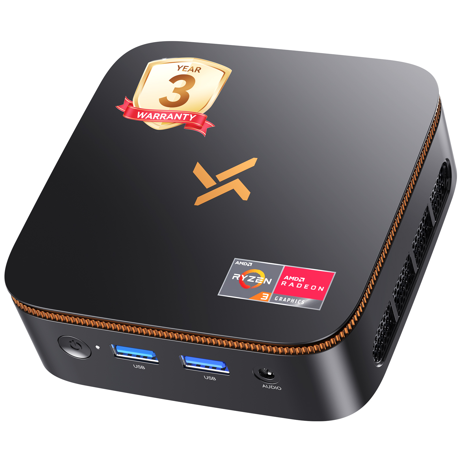 Schwarzer Mini-PC mit AMD Ryzen 3 und Radeon-Aufklebern, 3 Jahre Garantie.