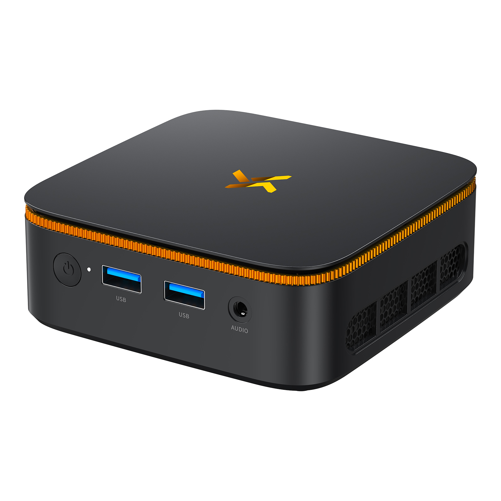 Un mini PC negro con detalles naranjas, puertos USB, jack de audio y rejillas de ventilación.