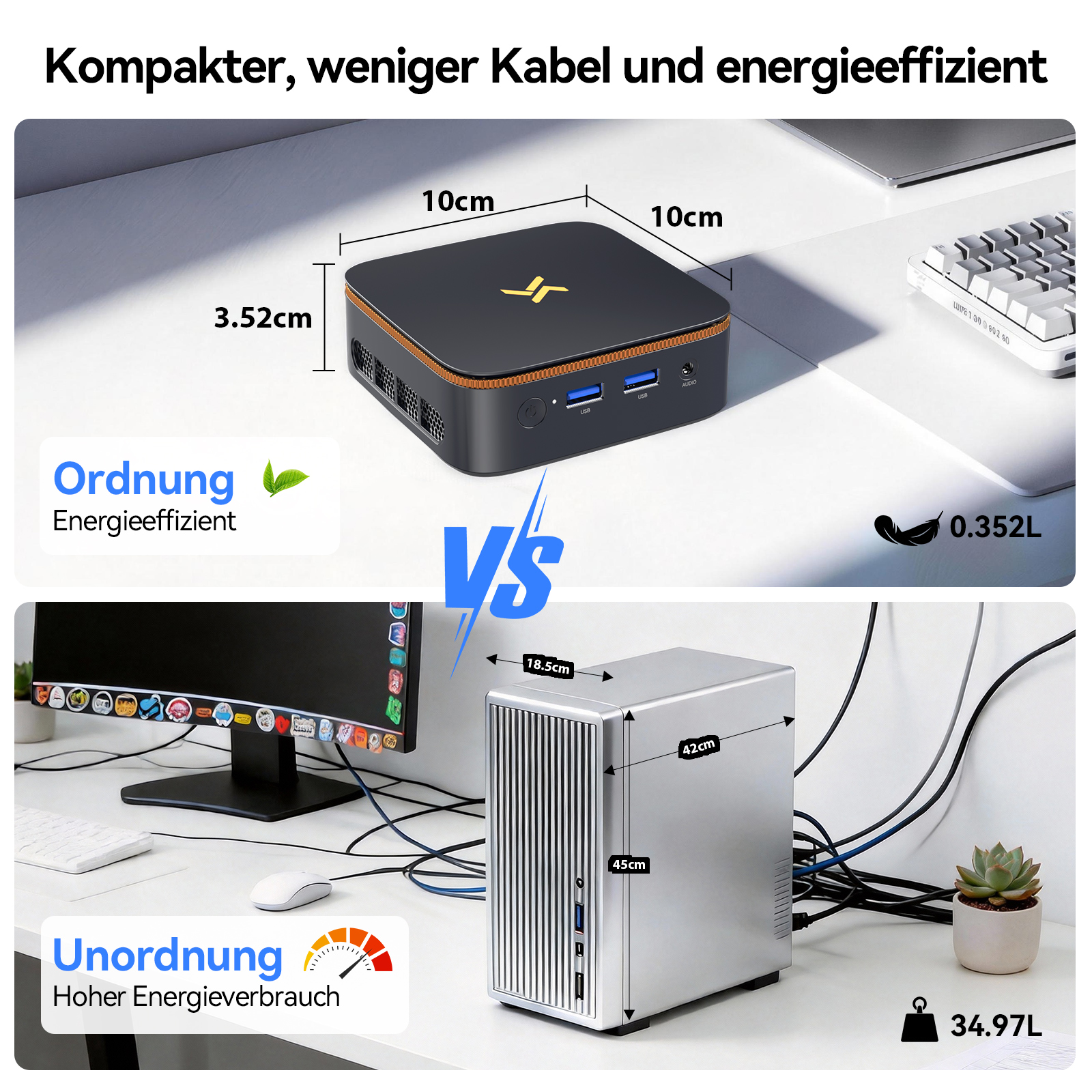 Ein kompakter PC (10x10x3.52cm) vs. ein größerer PC (18.5x42x45cm) mit Kabeln.